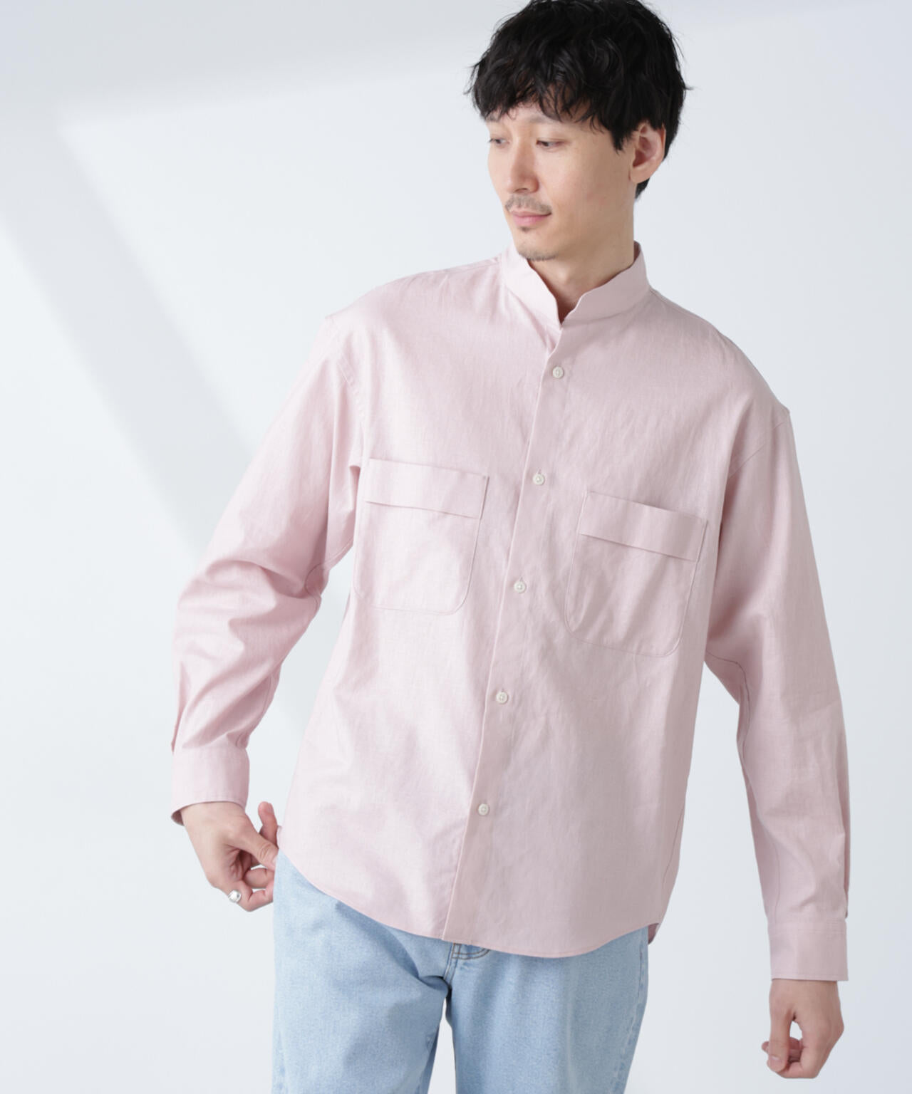 「BELGIUM LINEN FABRICS」リネンコットンスタンドカラーシャツ 6685120219