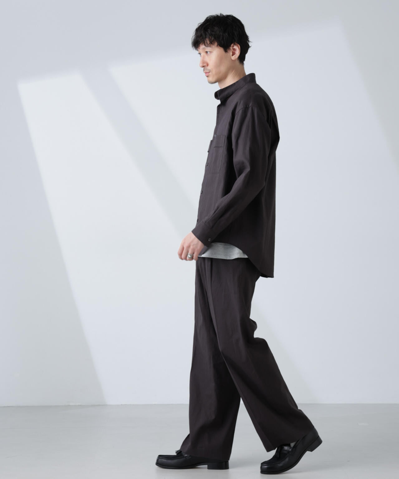 「BELGIUM LINEN FABRICS」リネンコットンスタンドカラーシャツ 6685120219