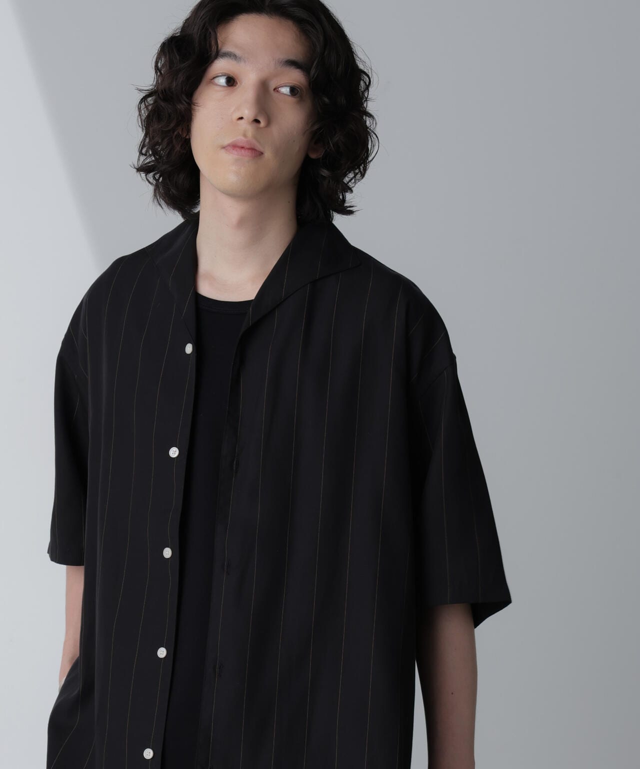 リネンブレンドピンストライプワイドカラーシャツ(セットアップ可) 6684121211