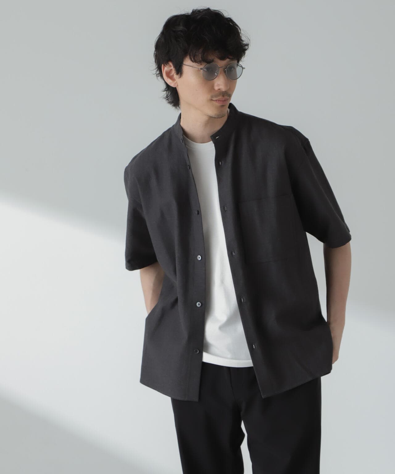 リネンコットンヘリンボーンバンドカラーシャツ 6684121212