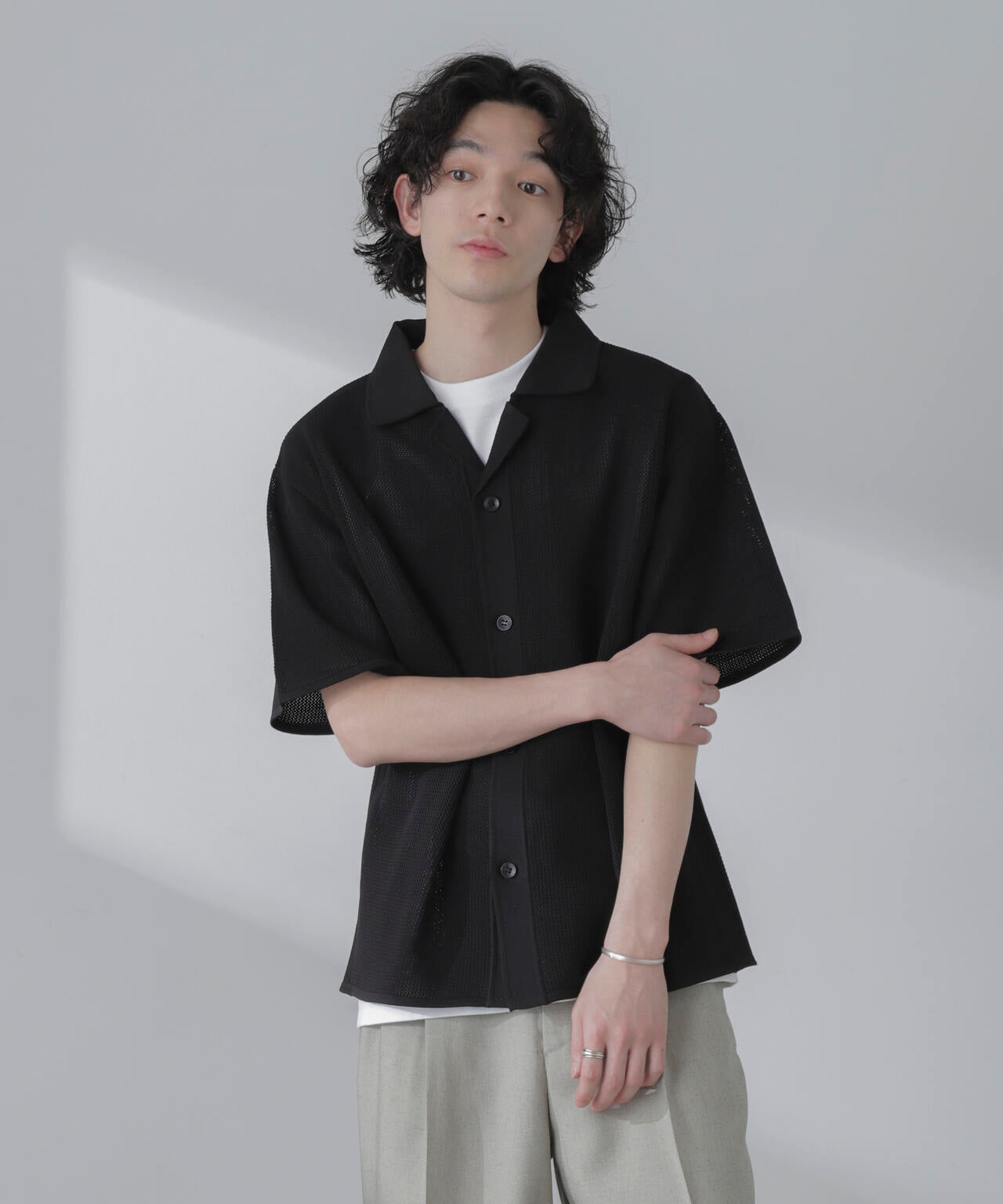 ポリメッシュリラックスオープンカラーニットシャツ 6684122228