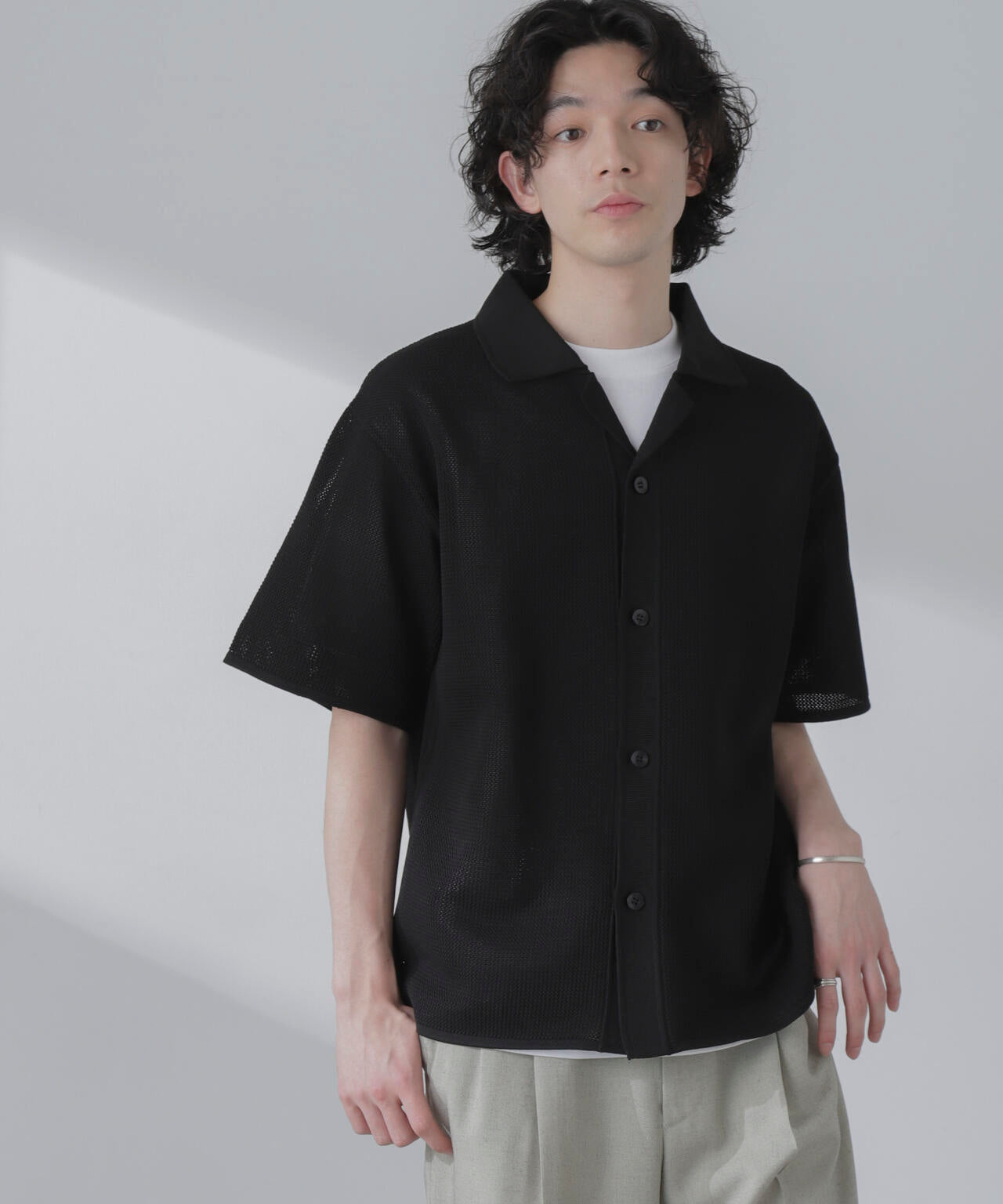 ポリメッシュリラックスオープンカラーニットシャツ 6684122228