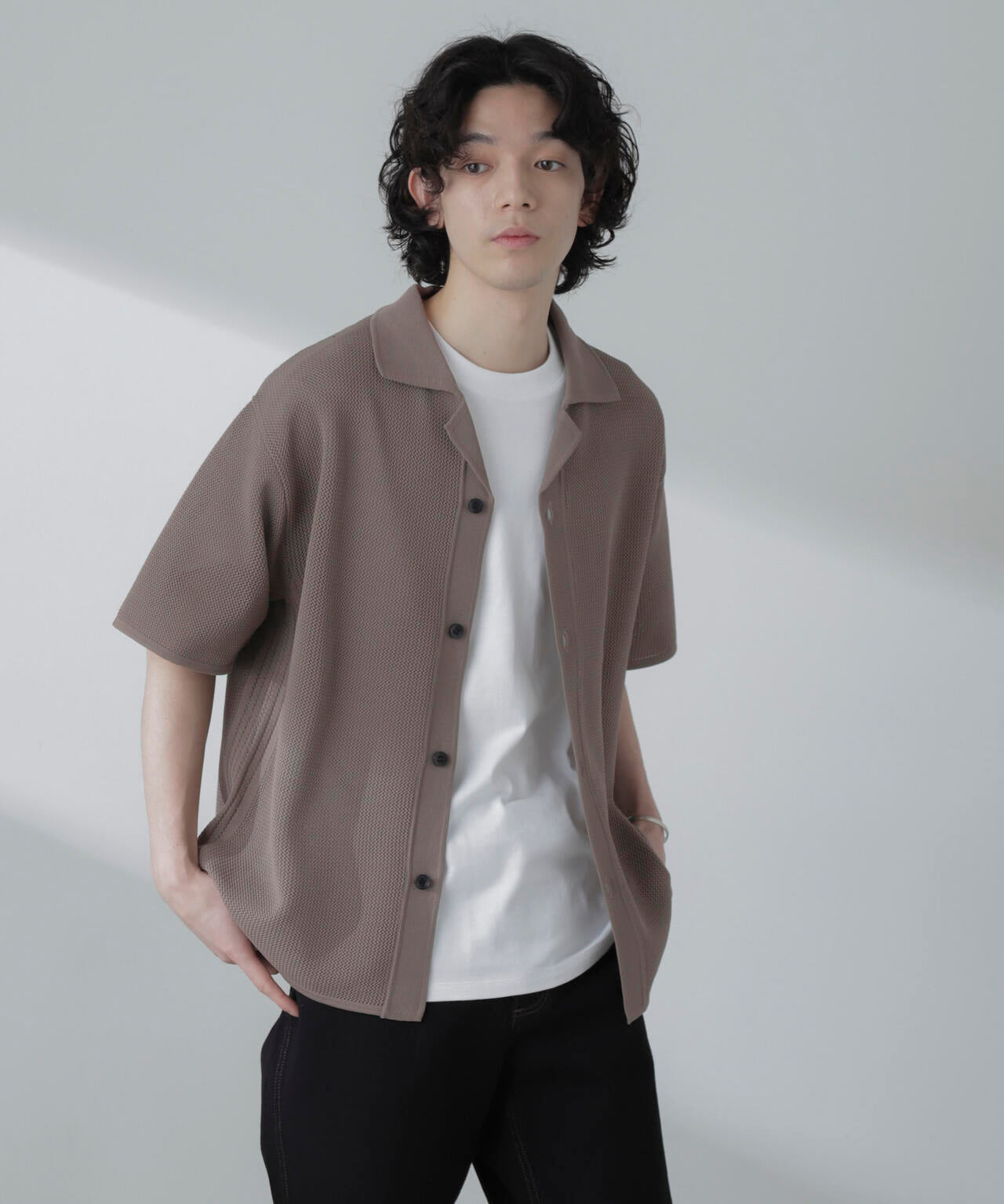 ポリメッシュリラックスオープンカラーニットシャツ 6684122228