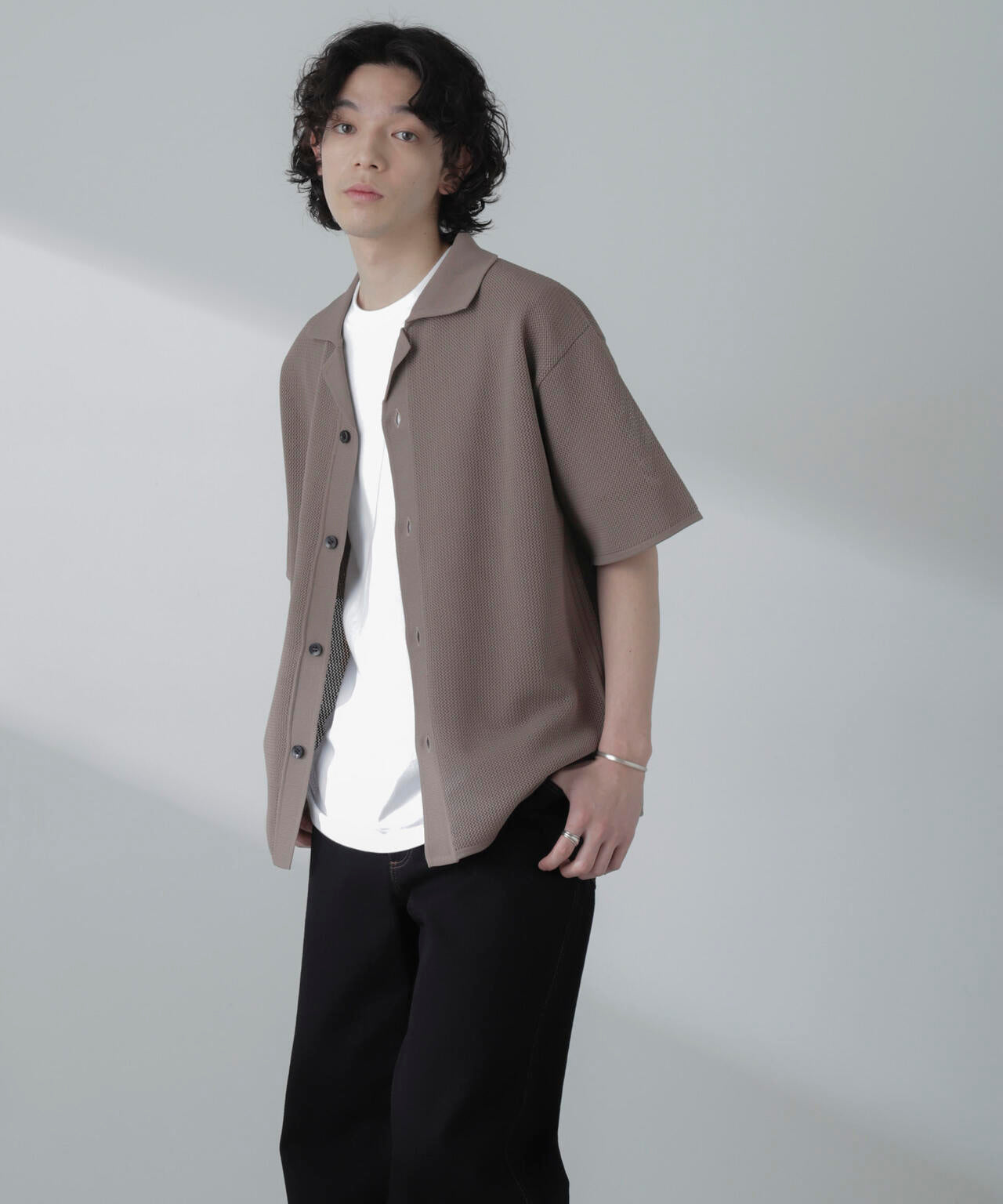 ポリメッシュリラックスオープンカラーニットシャツ 6684122228