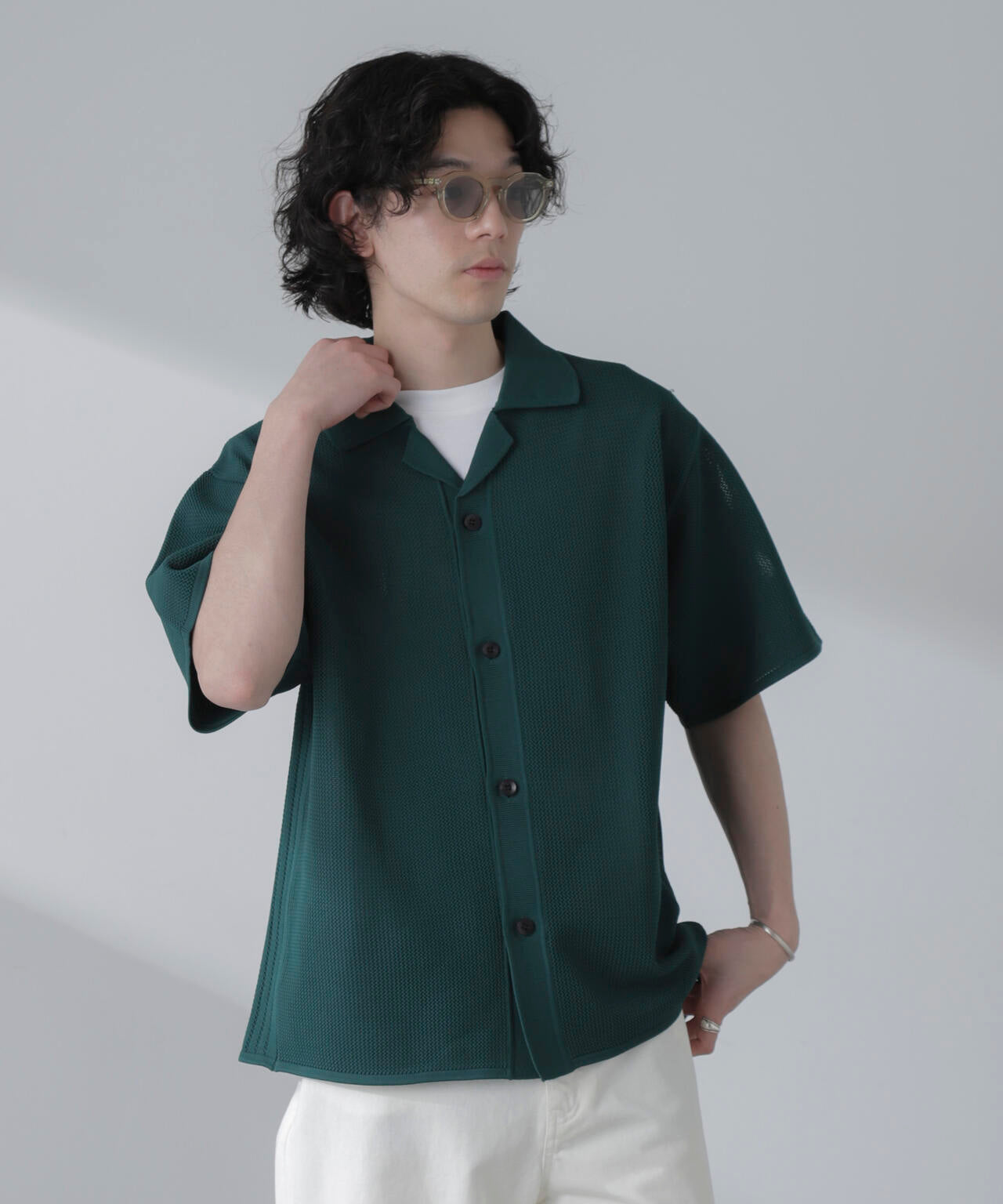 ポリメッシュリラックスオープンカラーニットシャツ 6684122228