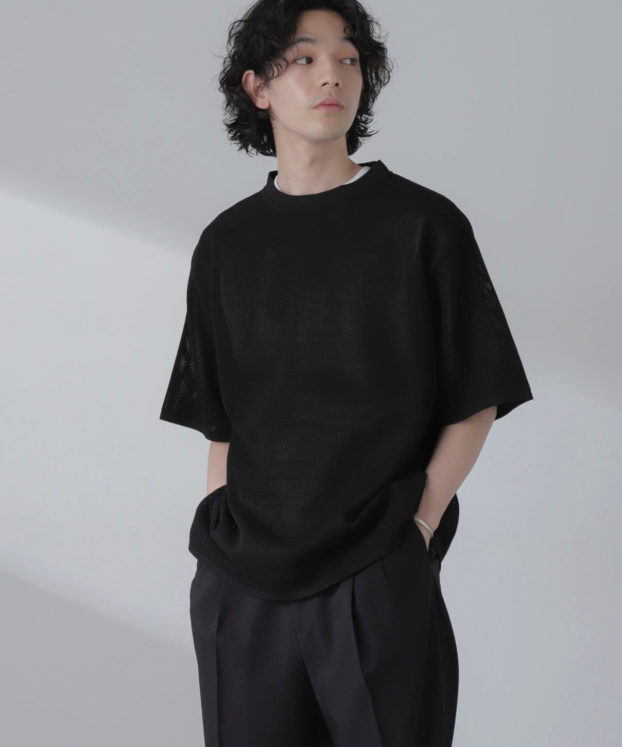 ポリメッシュリラックスクルーネックニットTシャツ 6684122230