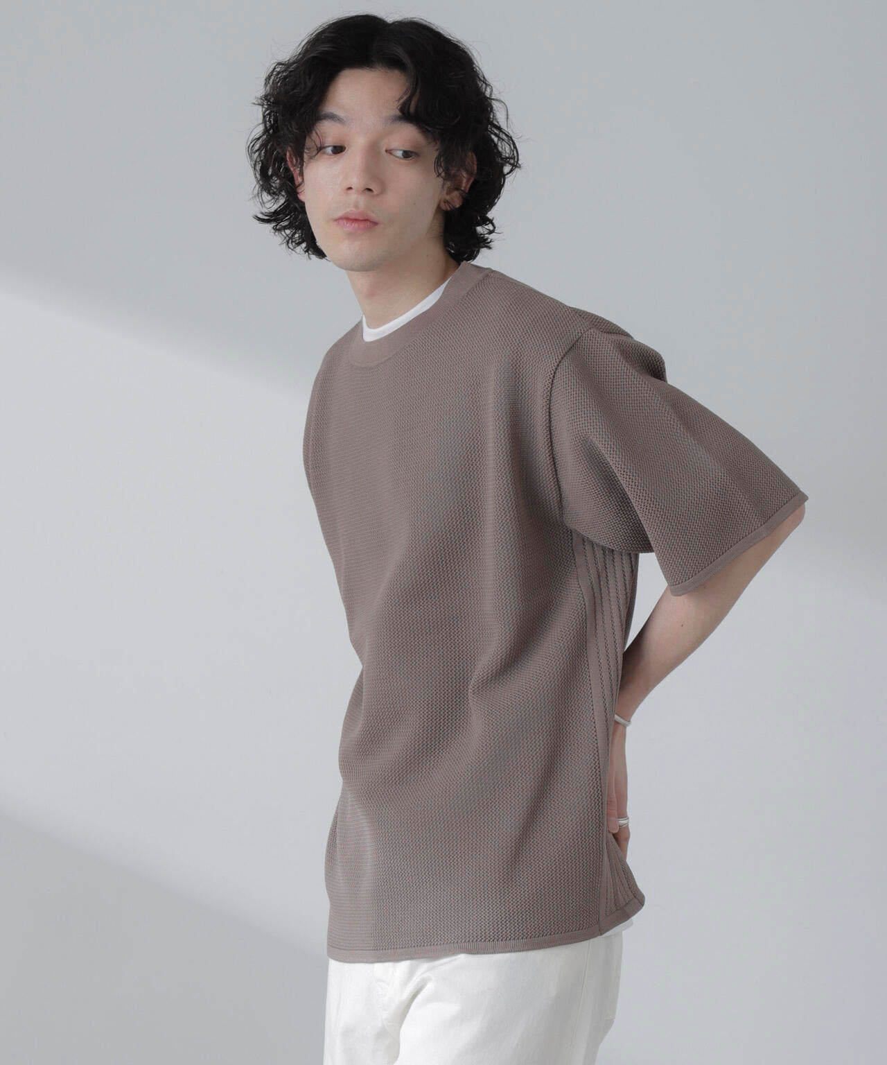 ポリメッシュリラックスクルーネックニットTシャツ 6684122230