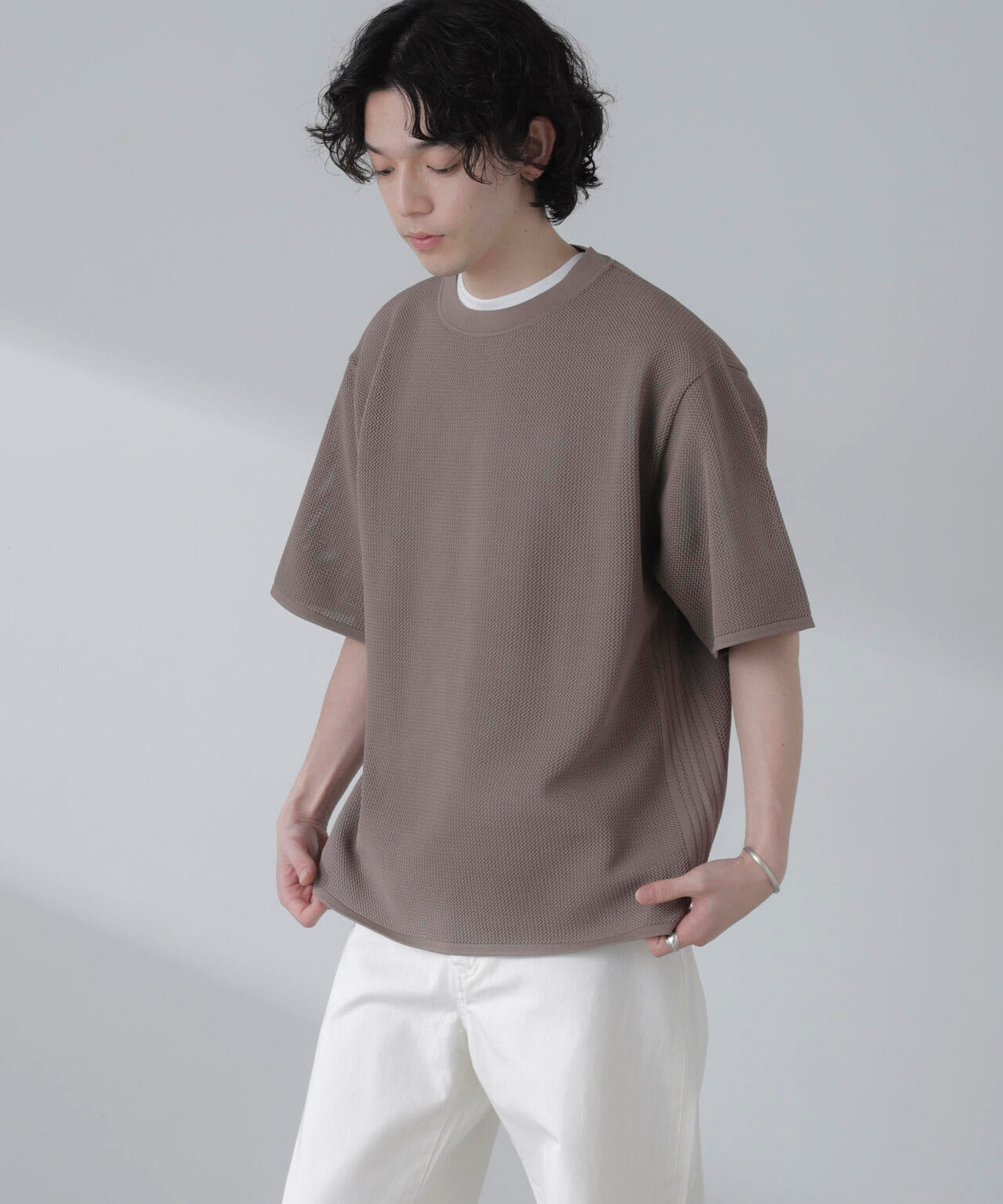 ポリメッシュリラックスクルーネックニットTシャツ 6684122230