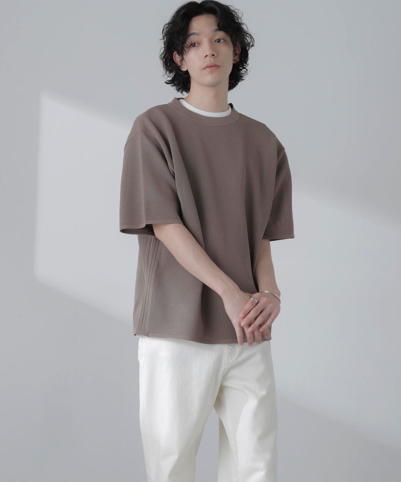 ポリメッシュリラックスクルーネックニットTシャツ 6684122230