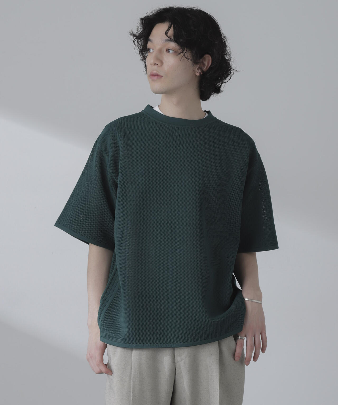 ポリメッシュリラックスクルーネックニットTシャツ 6684122230