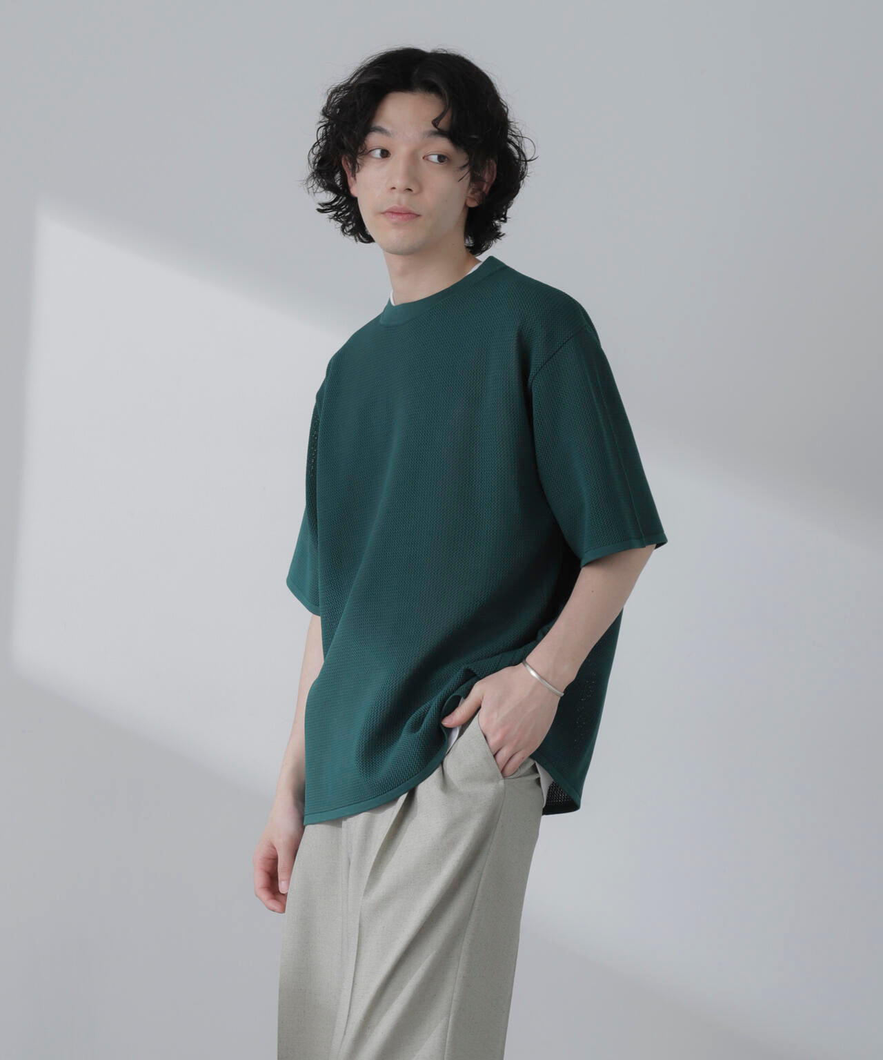 ポリメッシュリラックスクルーネックニットTシャツ 6684122230