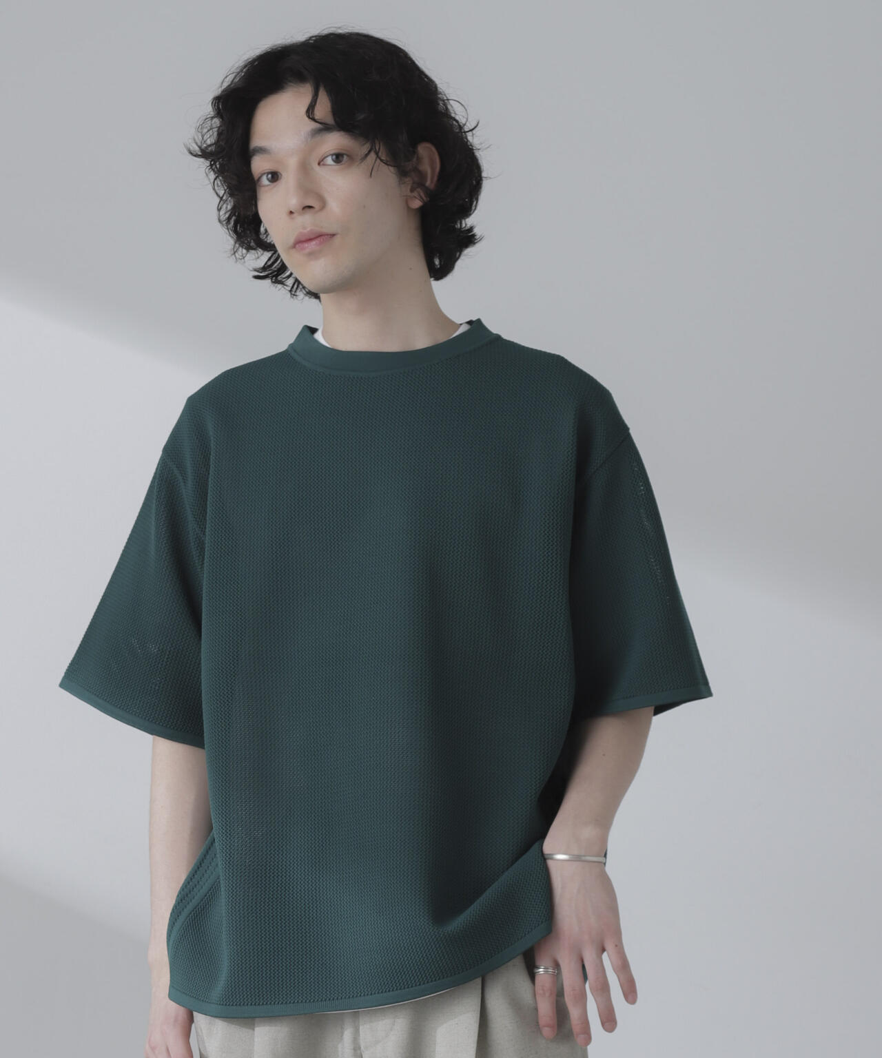 ポリメッシュリラックスクルーネックニットTシャツ 6684122230