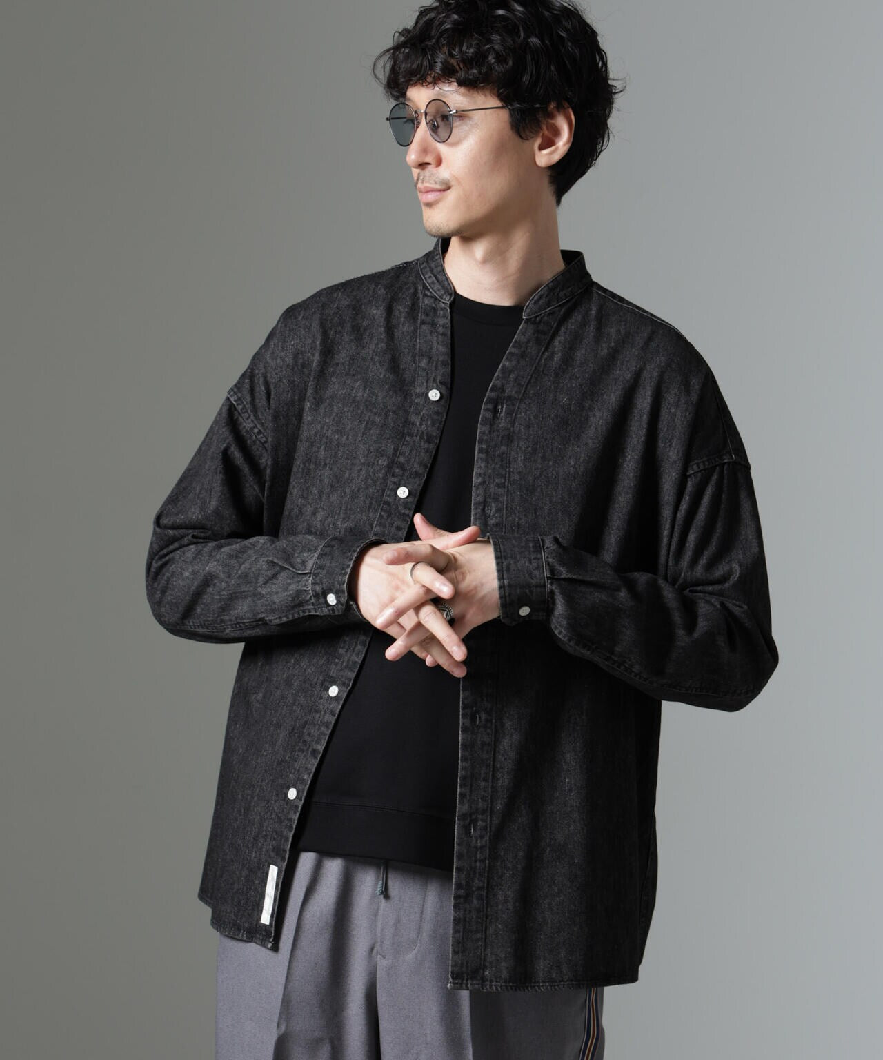 「大人のワイドシャツ」バンドカラーデニム 長袖 6684220214