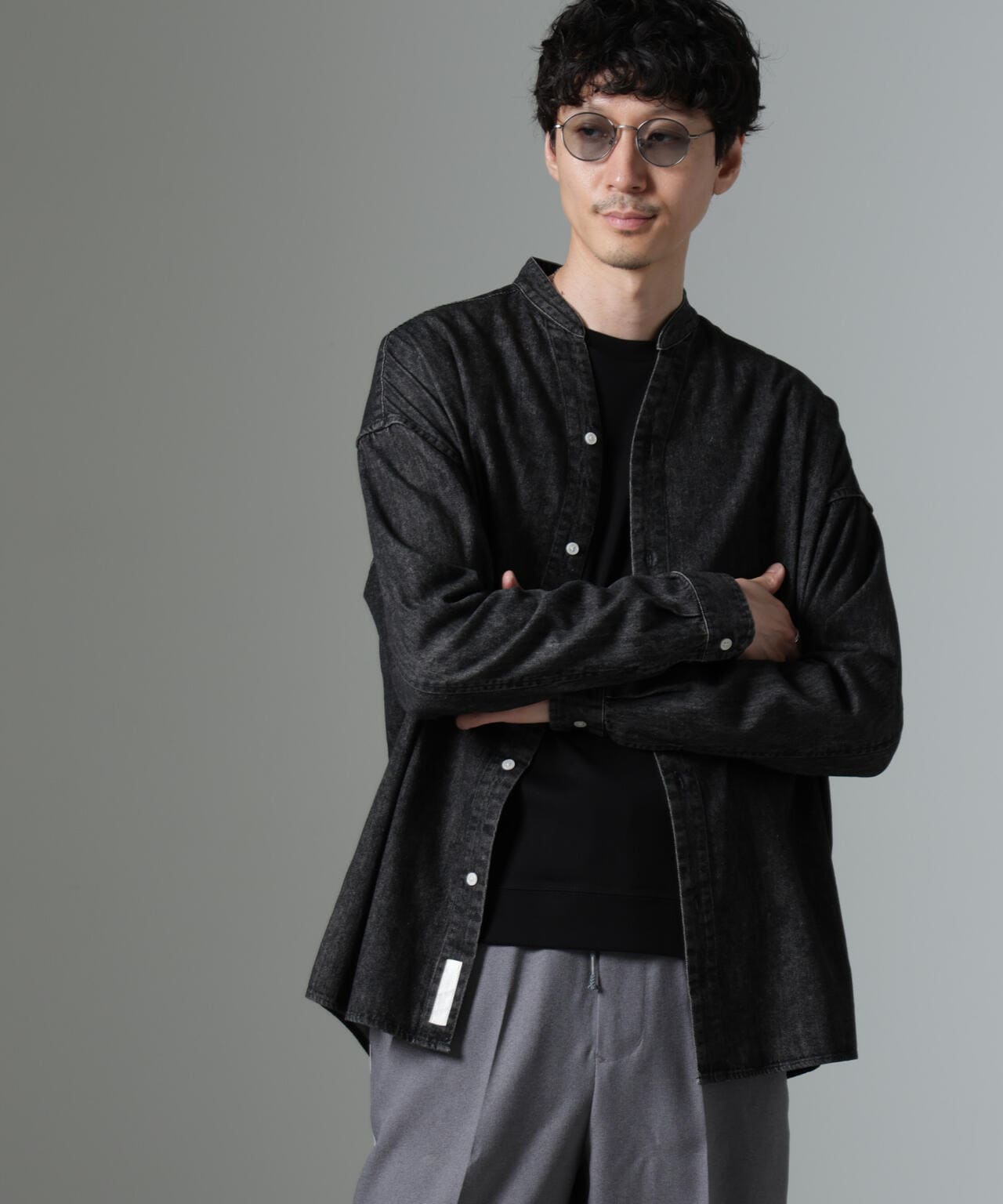 「大人のワイドシャツ」バンドカラーデニム 長袖 6684220214