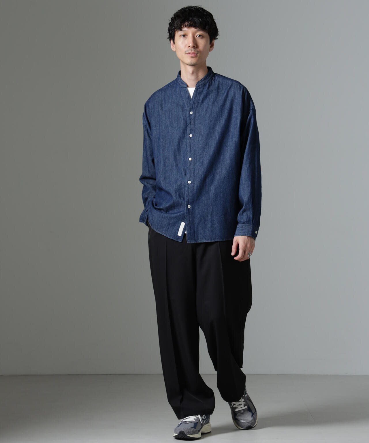 「大人のワイドシャツ」バンドカラーデニム 長袖 6684220214