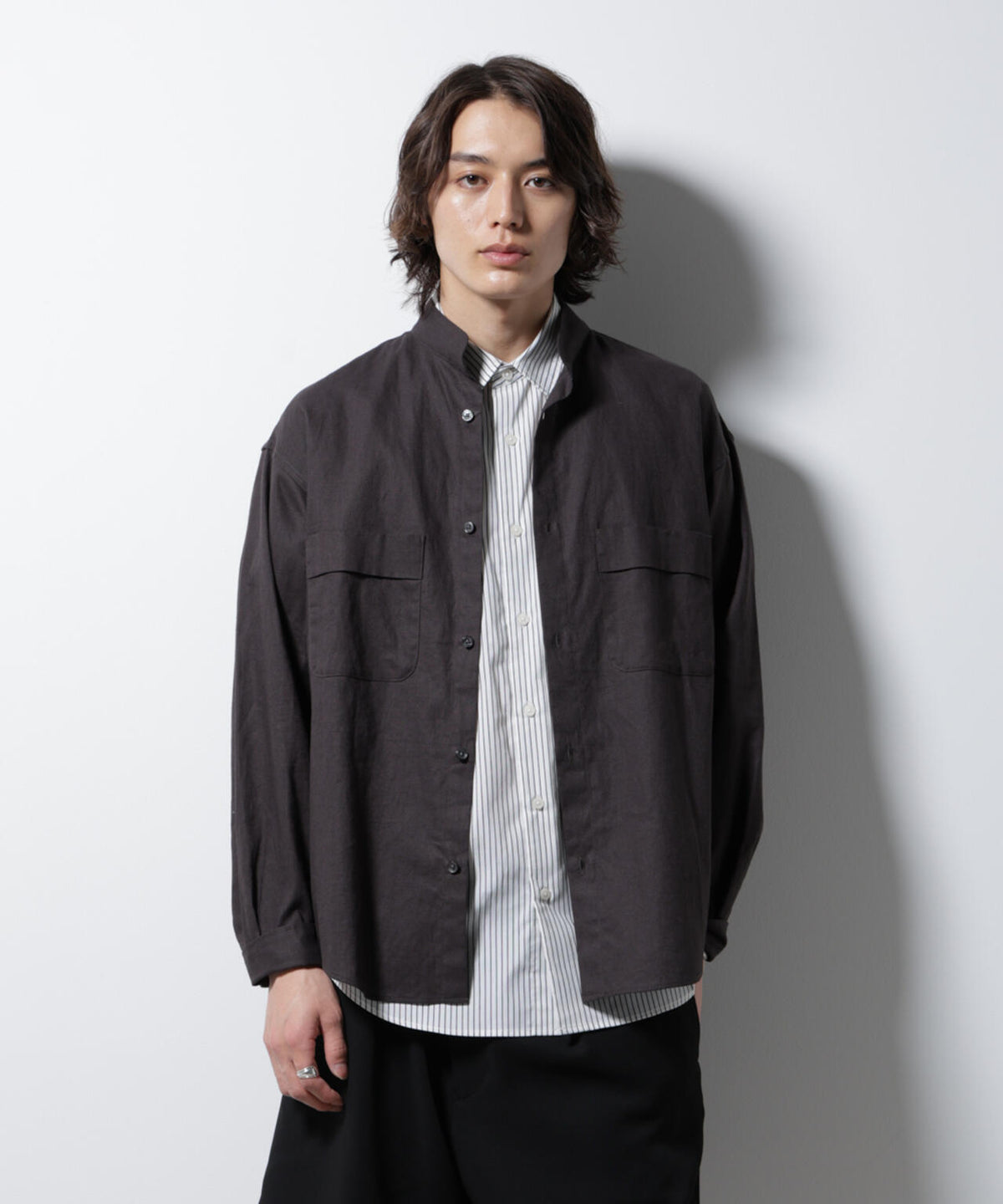 「BELGIUM LINEN FABRICS」リネンコットンスタンドカラーシャツ 6685120219