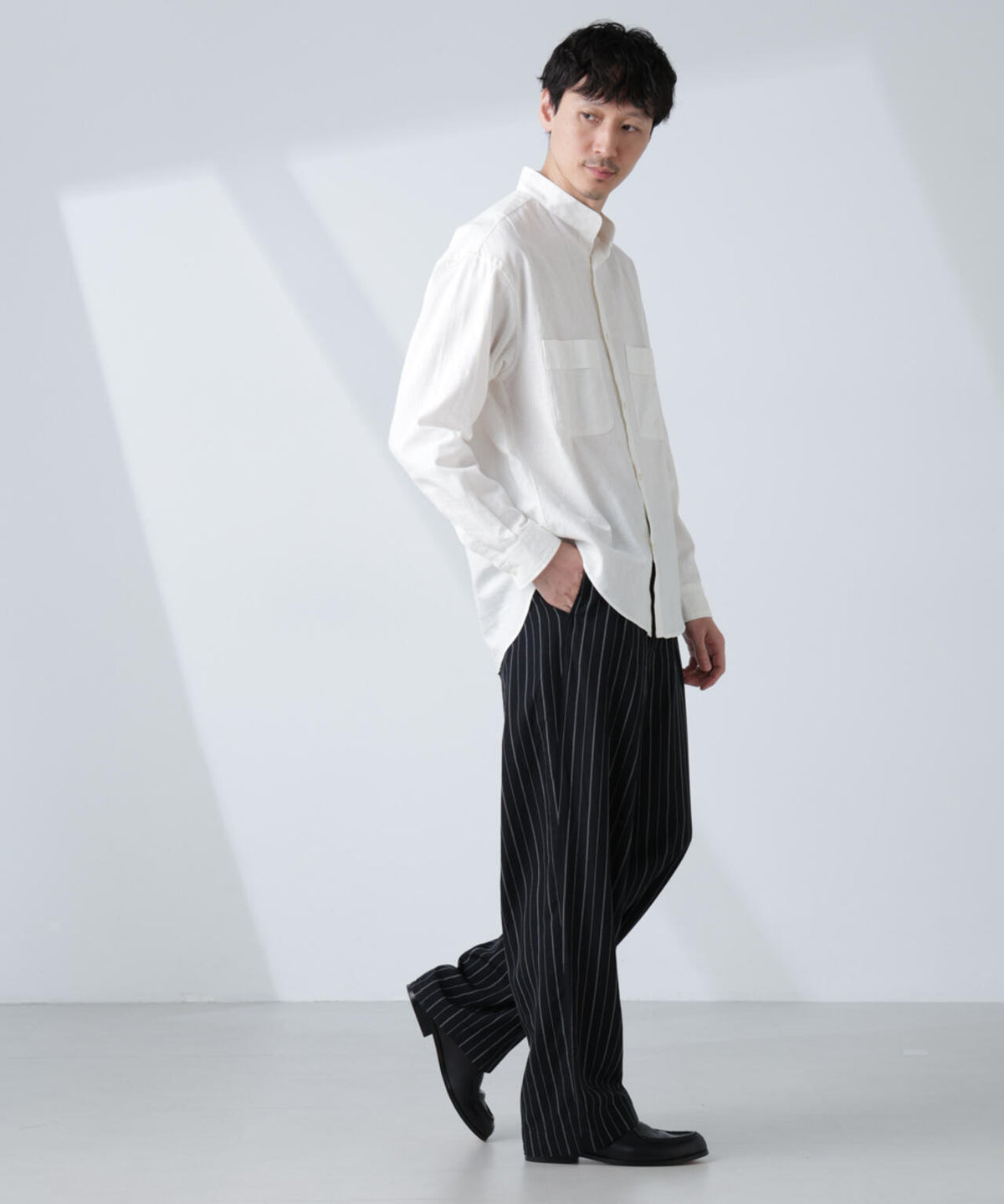 「BELGIUM LINEN FABRICS」リネンコットンスタンドカラーシャツ 6685120219
