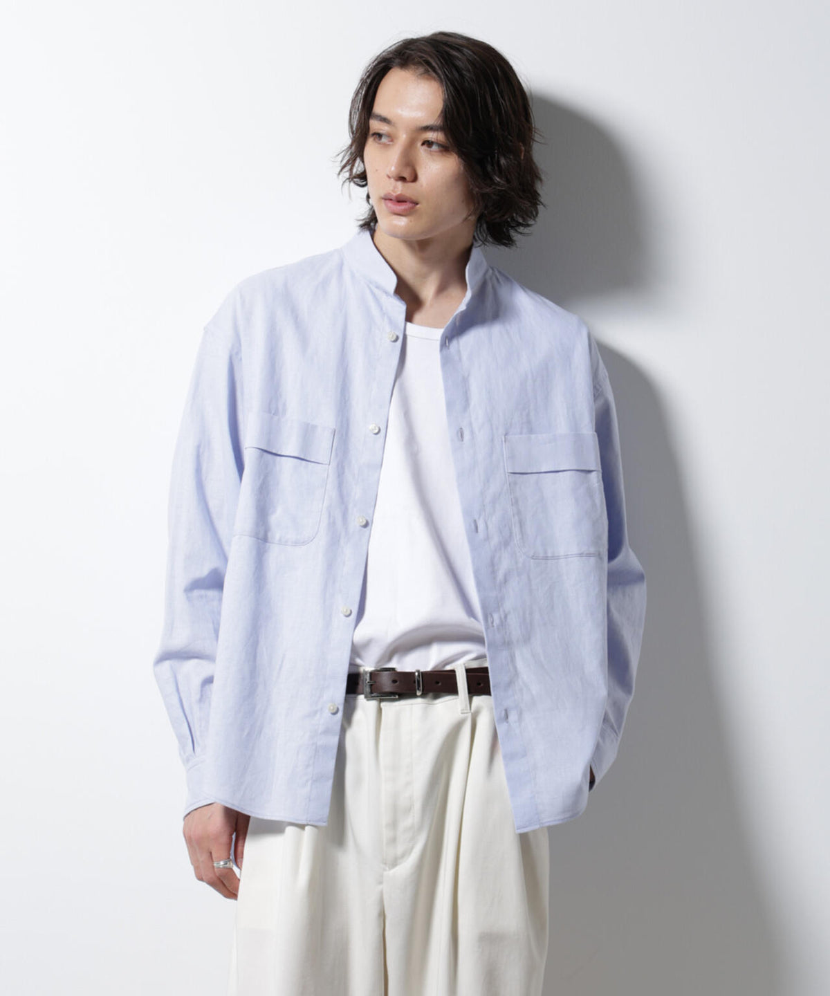 「BELGIUM LINEN FABRICS」リネンコットンスタンドカラーシャツ 6685120219