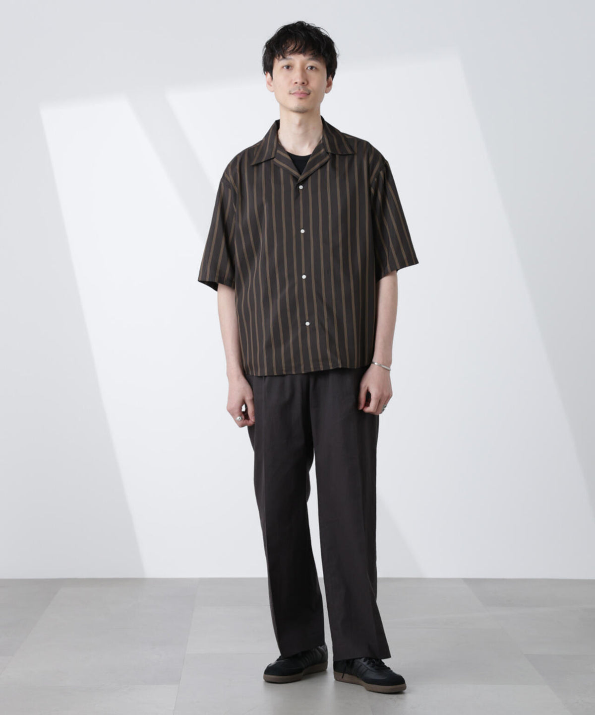 「大人のワイドシャツ」ストライプオープンカラー半袖シャツ 6685121214