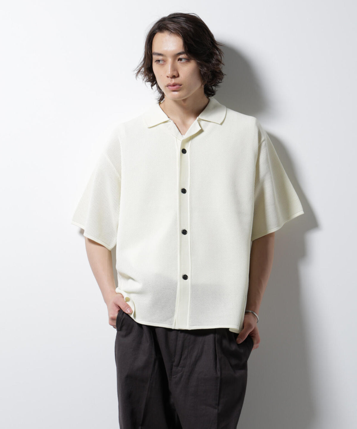 スポンディッシュ メッシュオープンカラーニットシャツ 6685122218