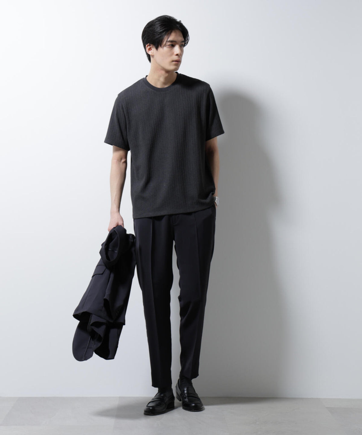 「Damerino」ヘリンボンクルーネックTシャツ/防シワ・吸水速乾・UVカット 6685124245