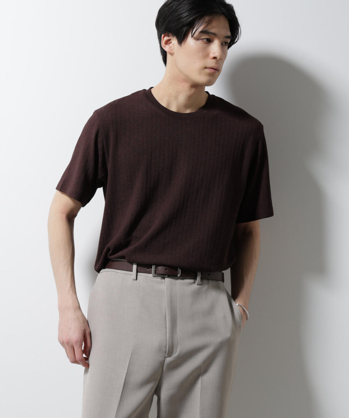 「Damerino」ヘリンボンクルーネックTシャツ/防シワ・吸水速乾・UVカット 6685124245