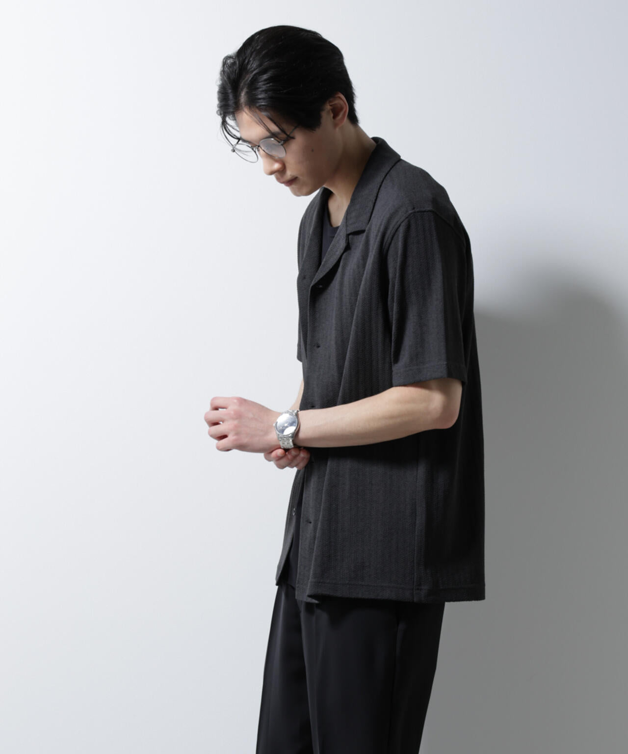 「Damerino」 ヘリンボン オープンカラーシャツ 半袖 6685124247