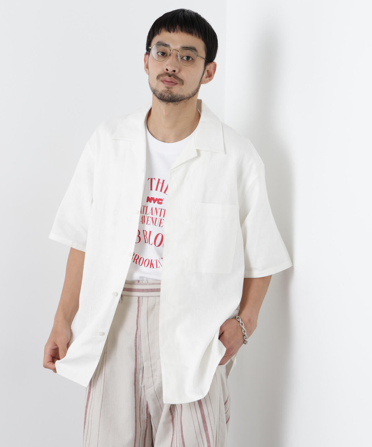 「FRENCH LINEN」 フライフロント半袖シャツ 6686121201