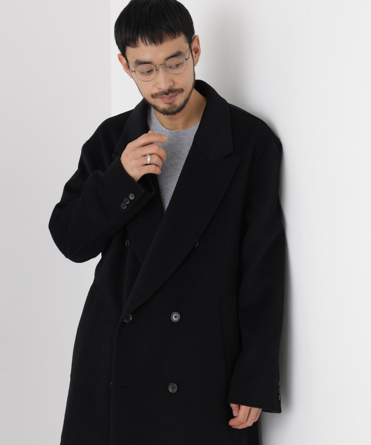 「ASSEMBLANC」 カシミヤブレンドリバーピークドラペルダブルコート 6686211209