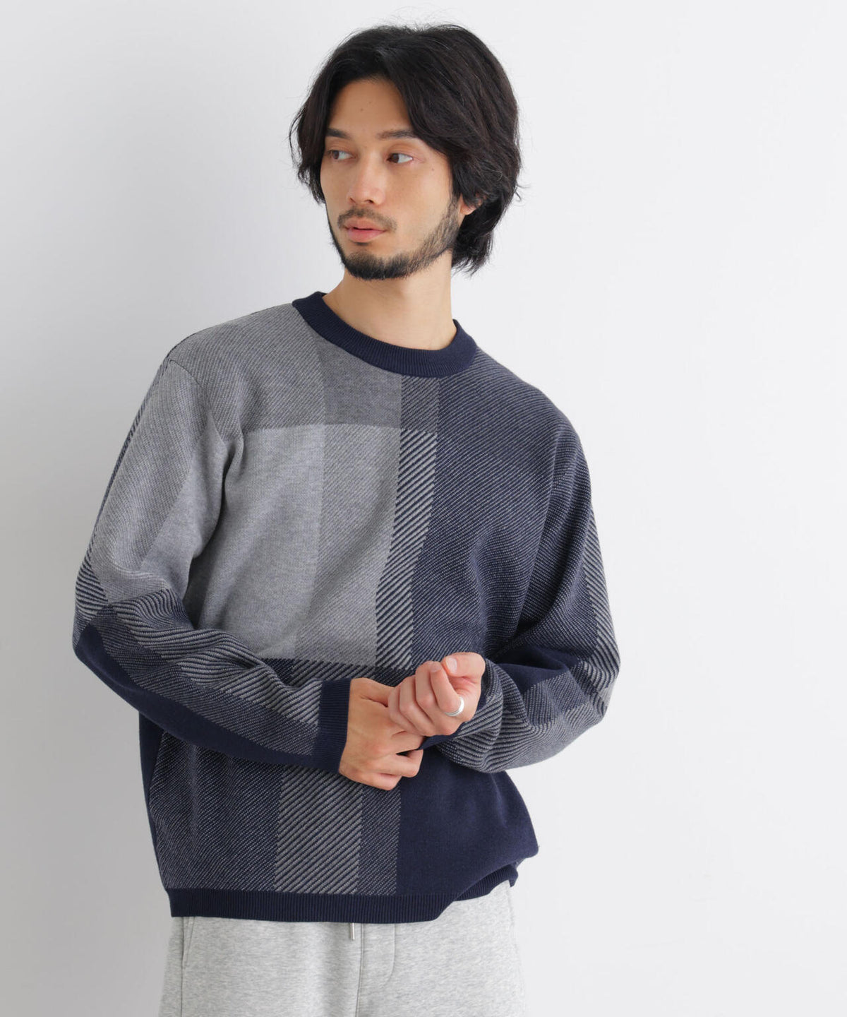 ブロックチェッククルーネックニット 6686222217