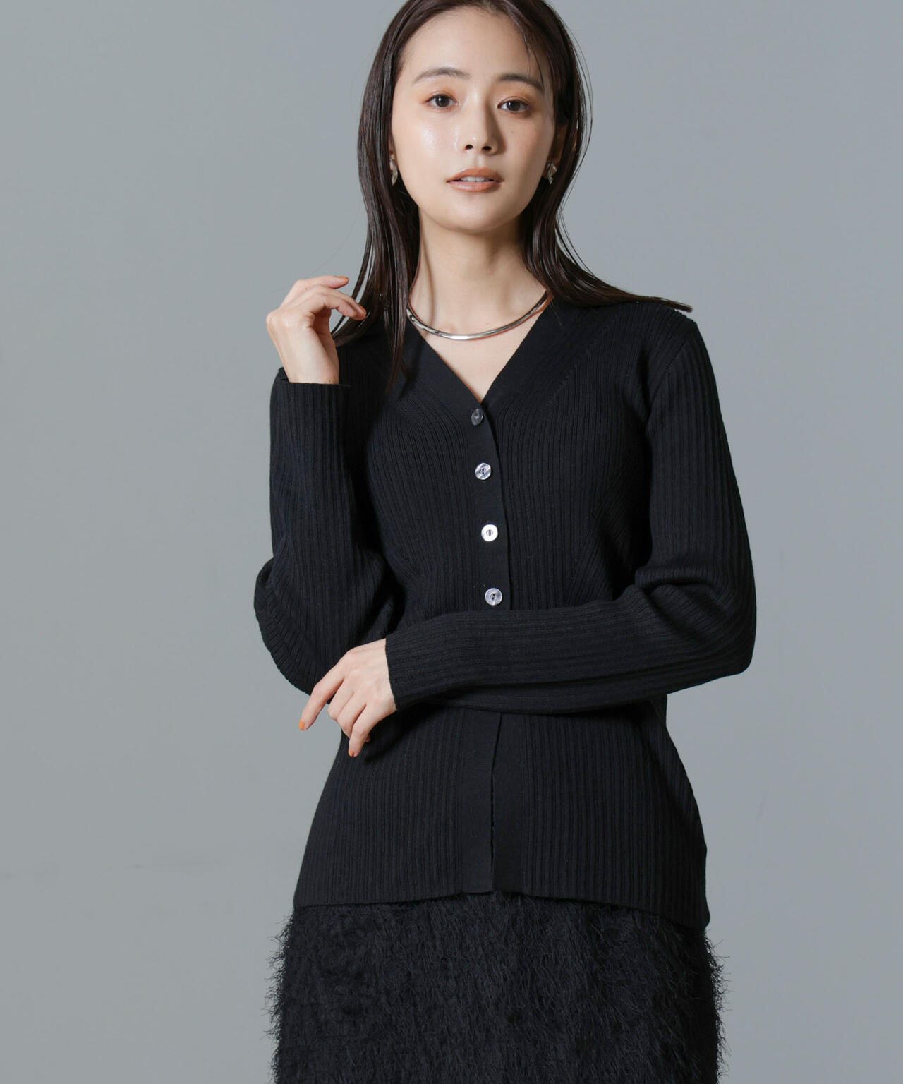 毛玉レスニットVネックリブカーディガン 6694222300