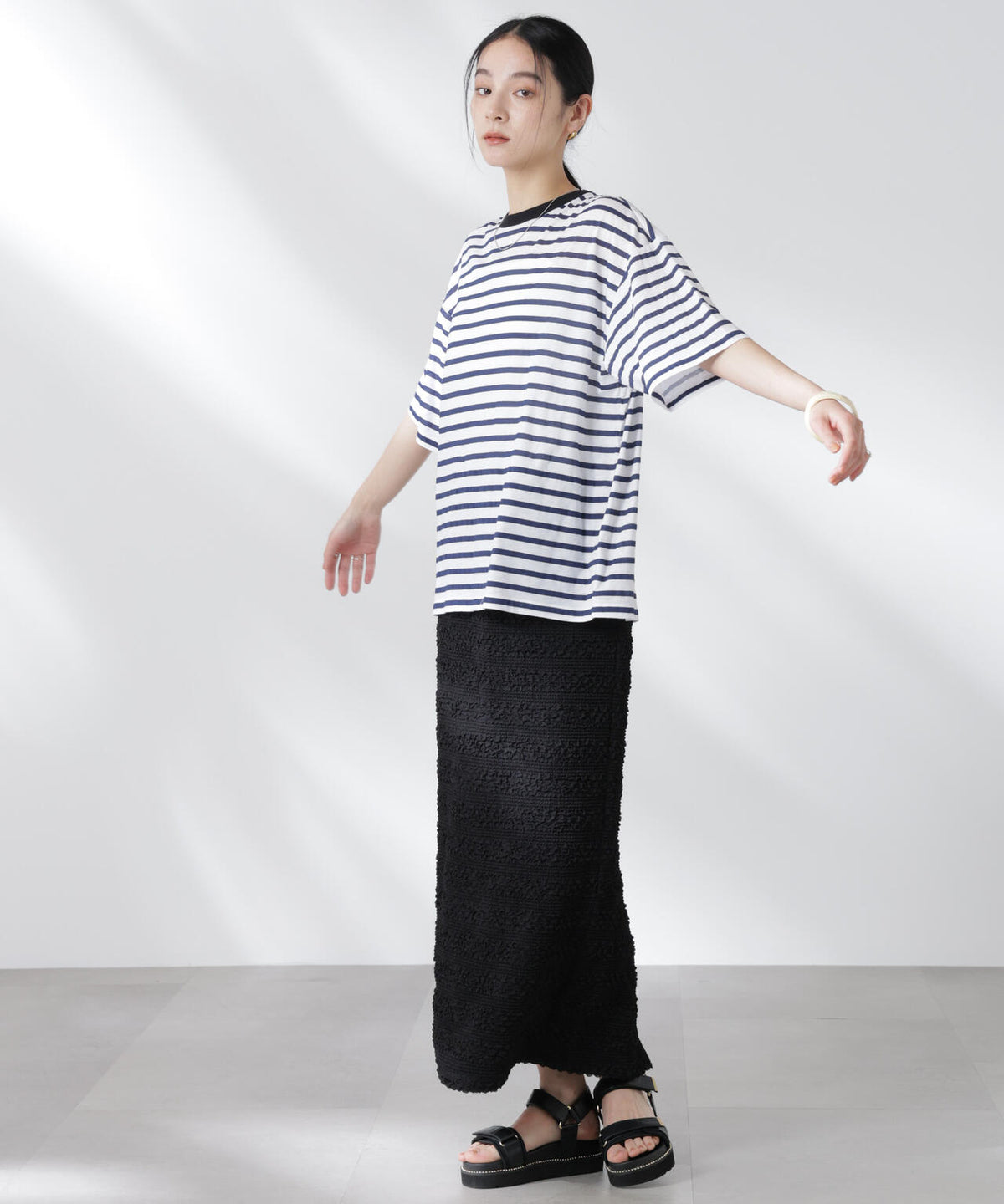 ボーダーシアーコットンTシャツ 6695124321