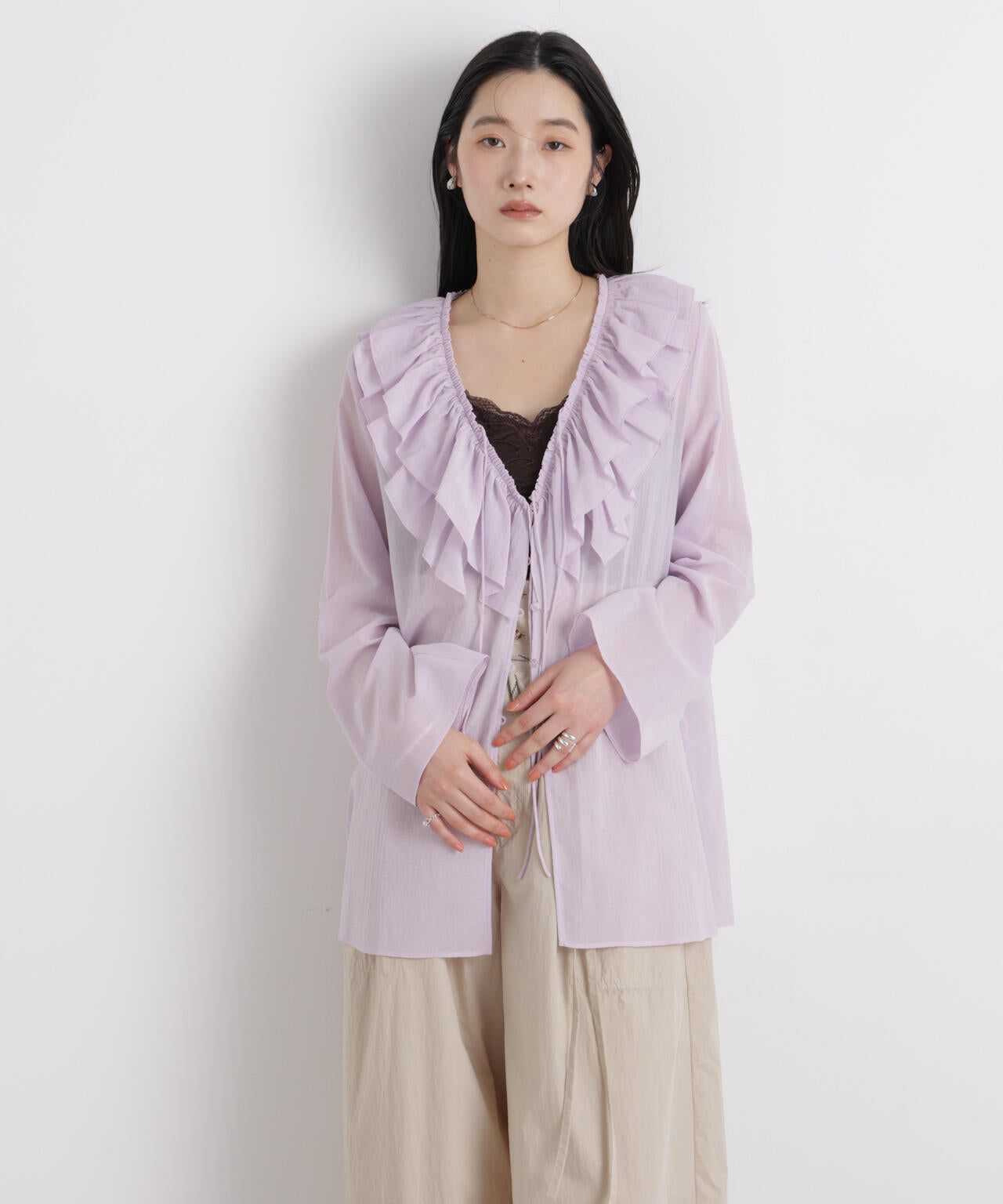コットンシフォンフリルブラウス 6696120314