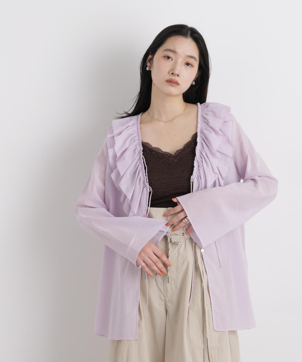 コットンシフォンフリルブラウス 6696120314