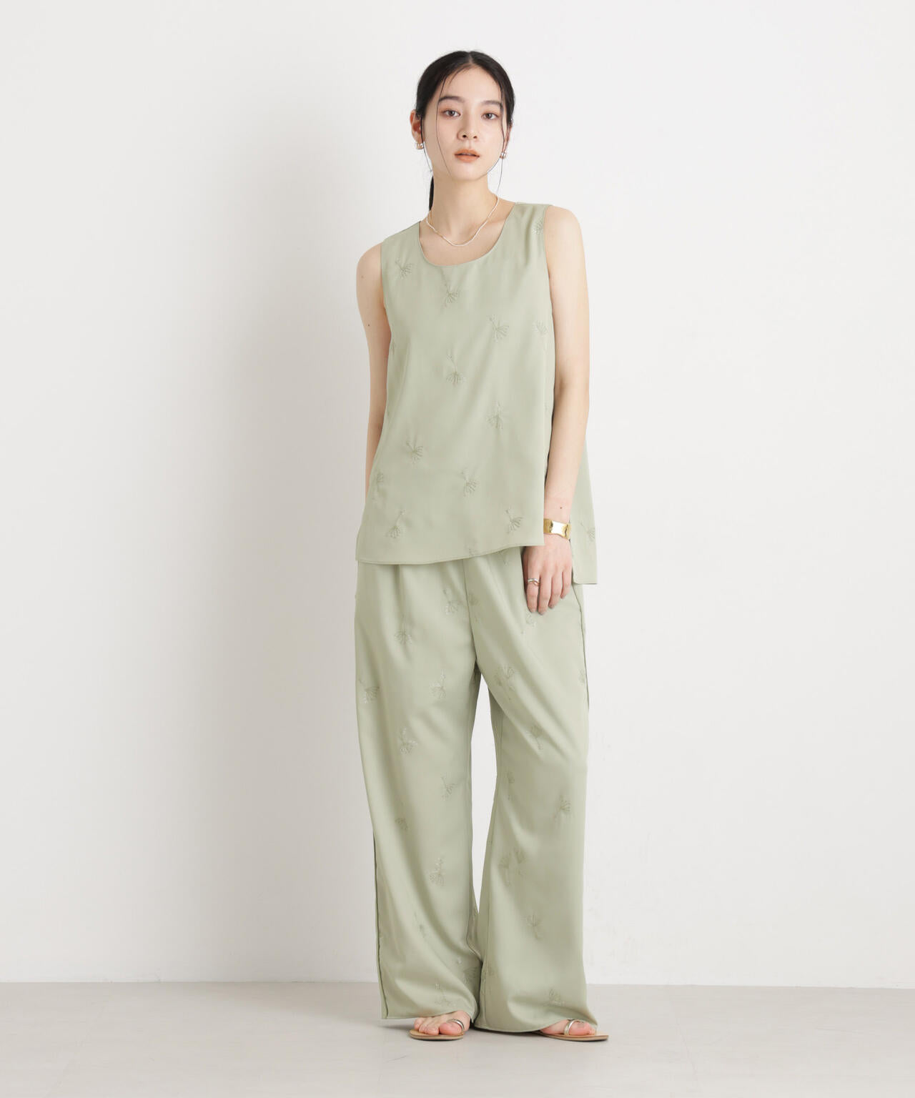 刺繍ツイルイージーワイドパンツ(セットアップ可) 6696127316