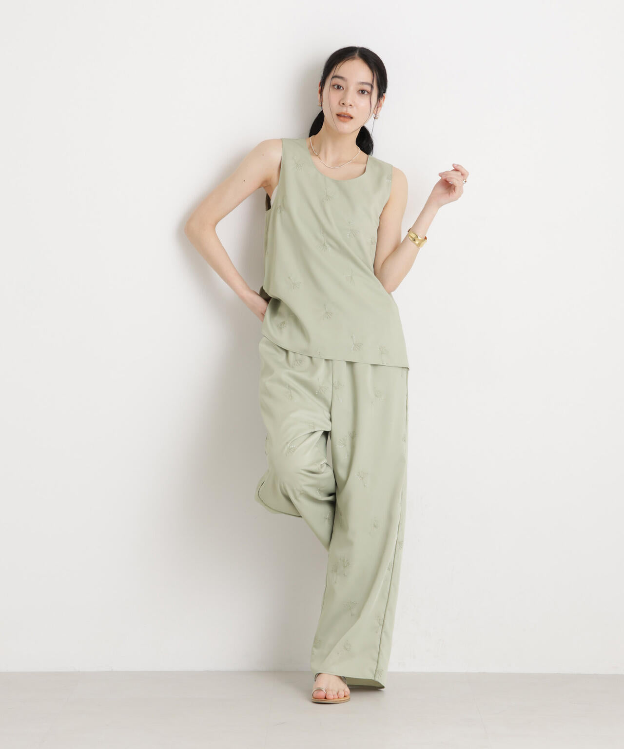 刺繍ツイルイージーワイドパンツ(セットアップ可) 6696127316