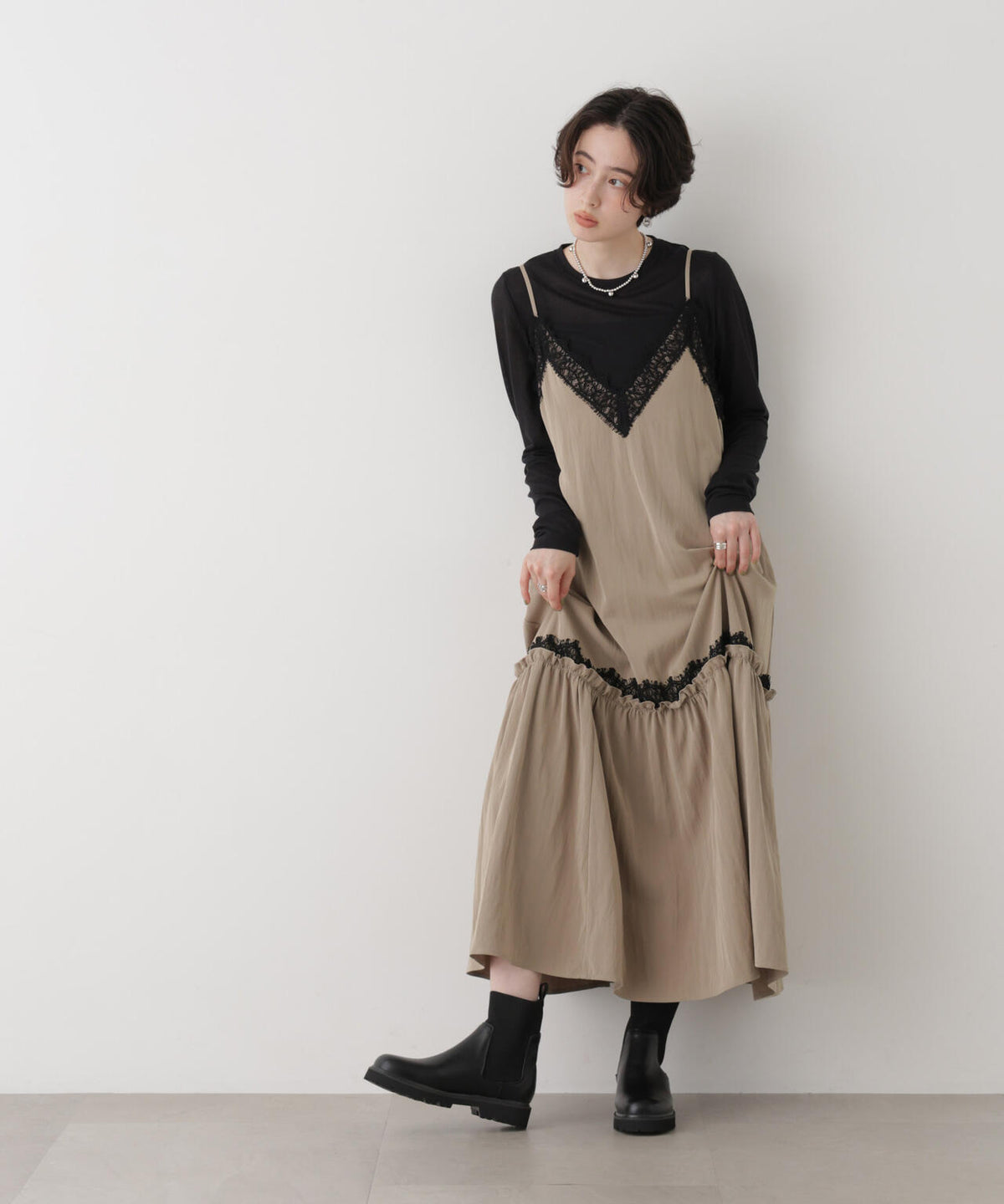 レーストリムツイルギャザーキャミワンピース 6696219311