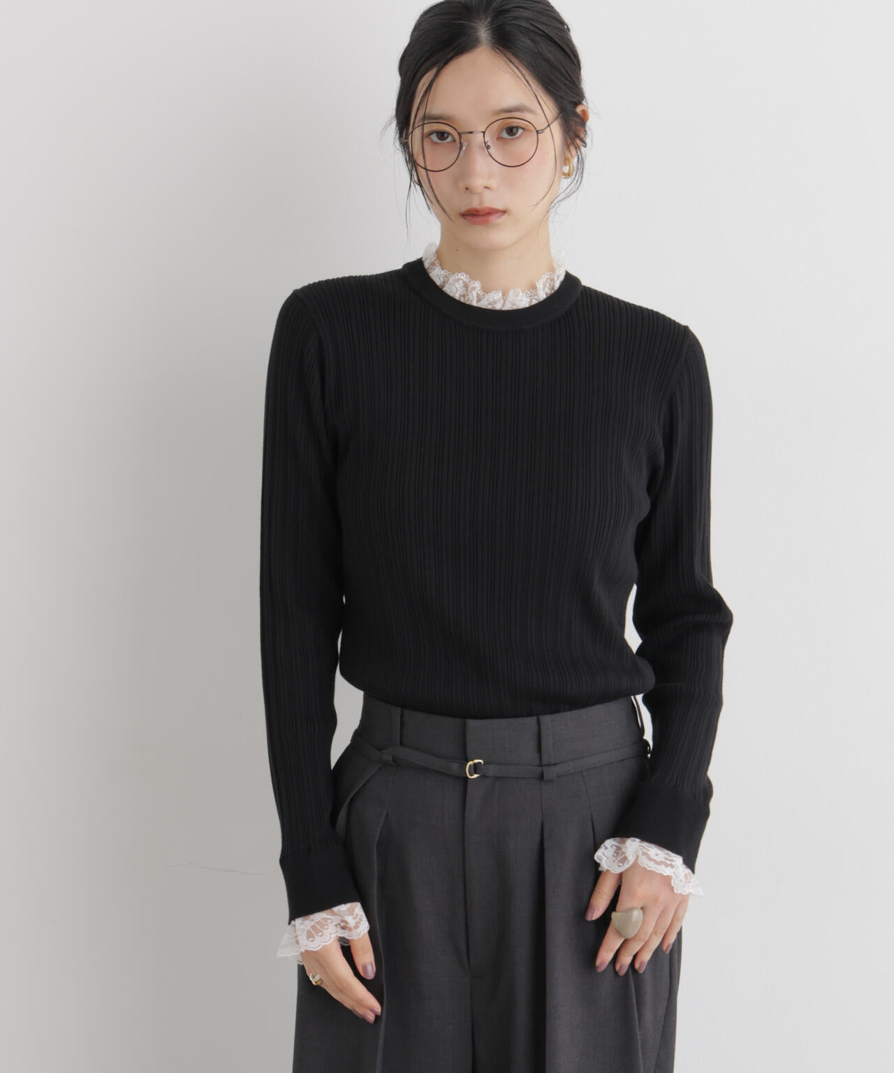 CICA&UVカット加工レースフリル付きリブニット 6696222319