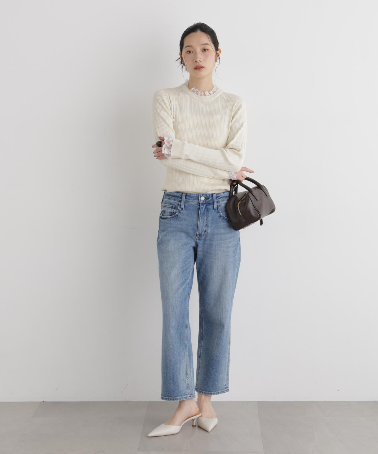 CICA&UVカット加工レースフリル付きリブニット 6696222319