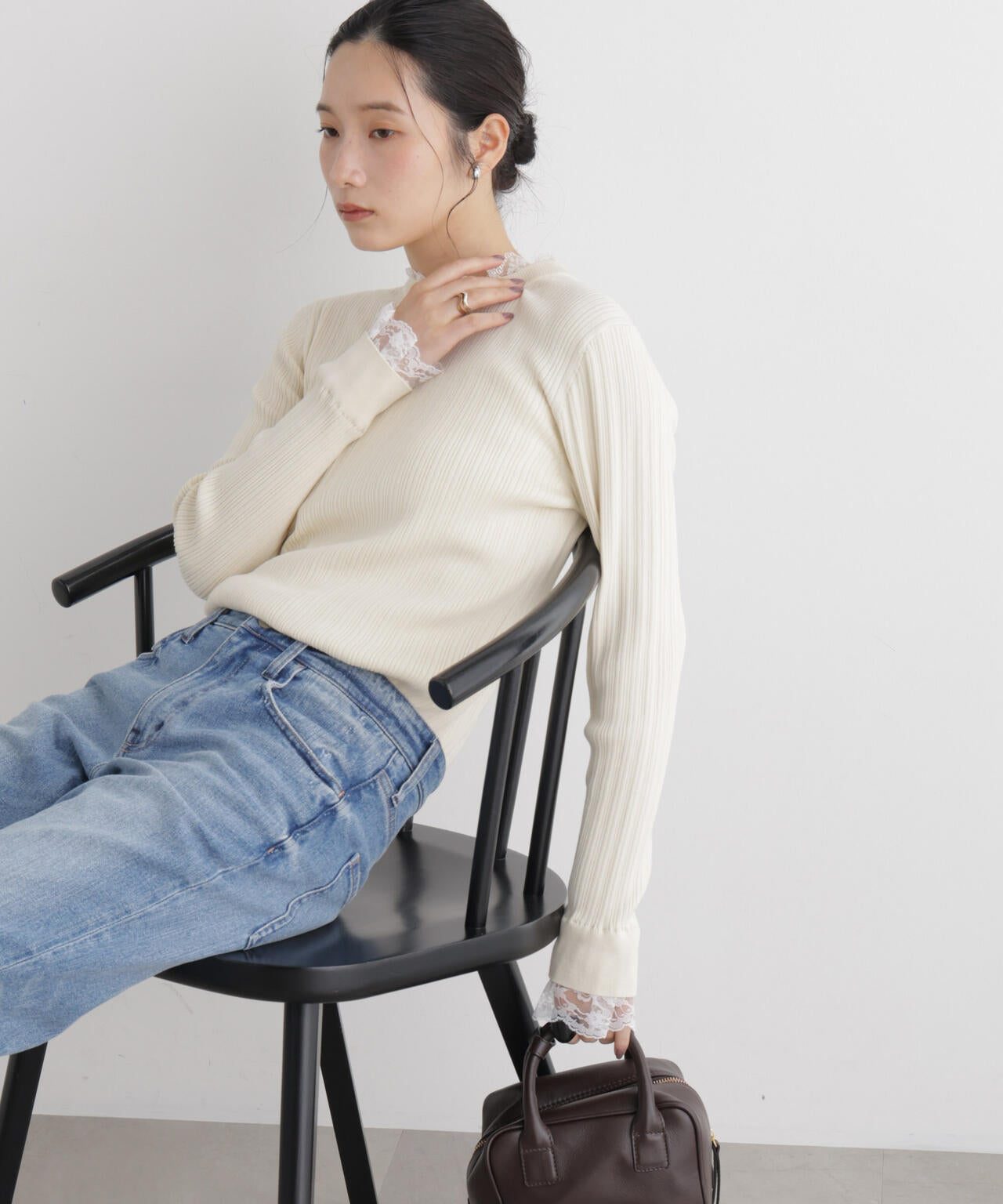 CICA&UVカット加工レースフリル付きリブニット 6696222319