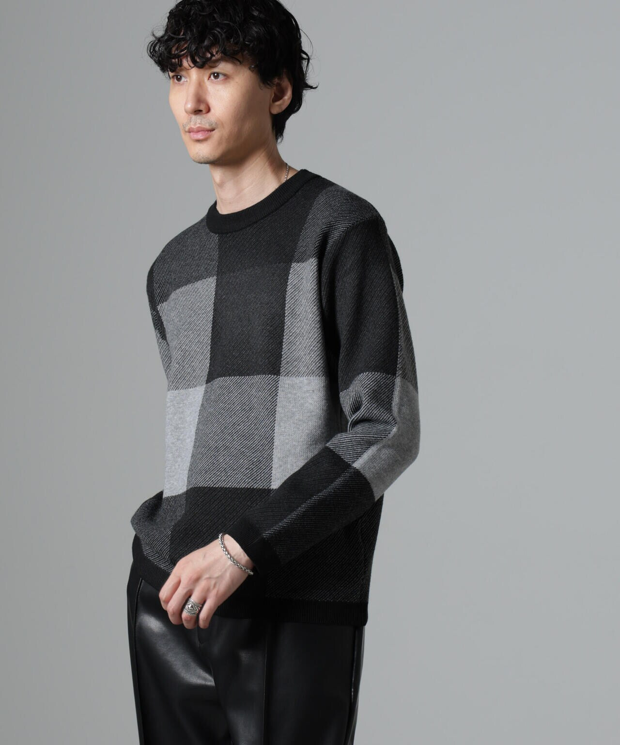 ブロックチェッククルーネックニット 6724222219