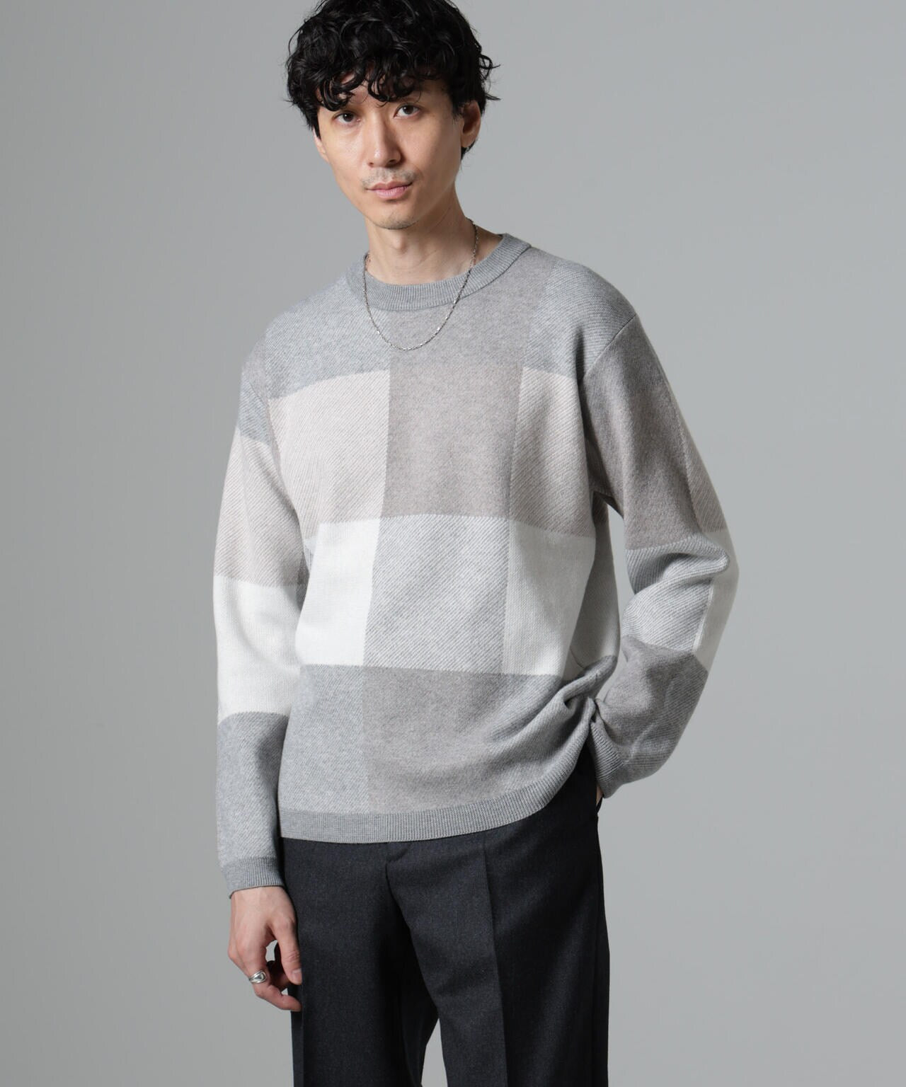 ブロックチェッククルーネックニット 6724222219