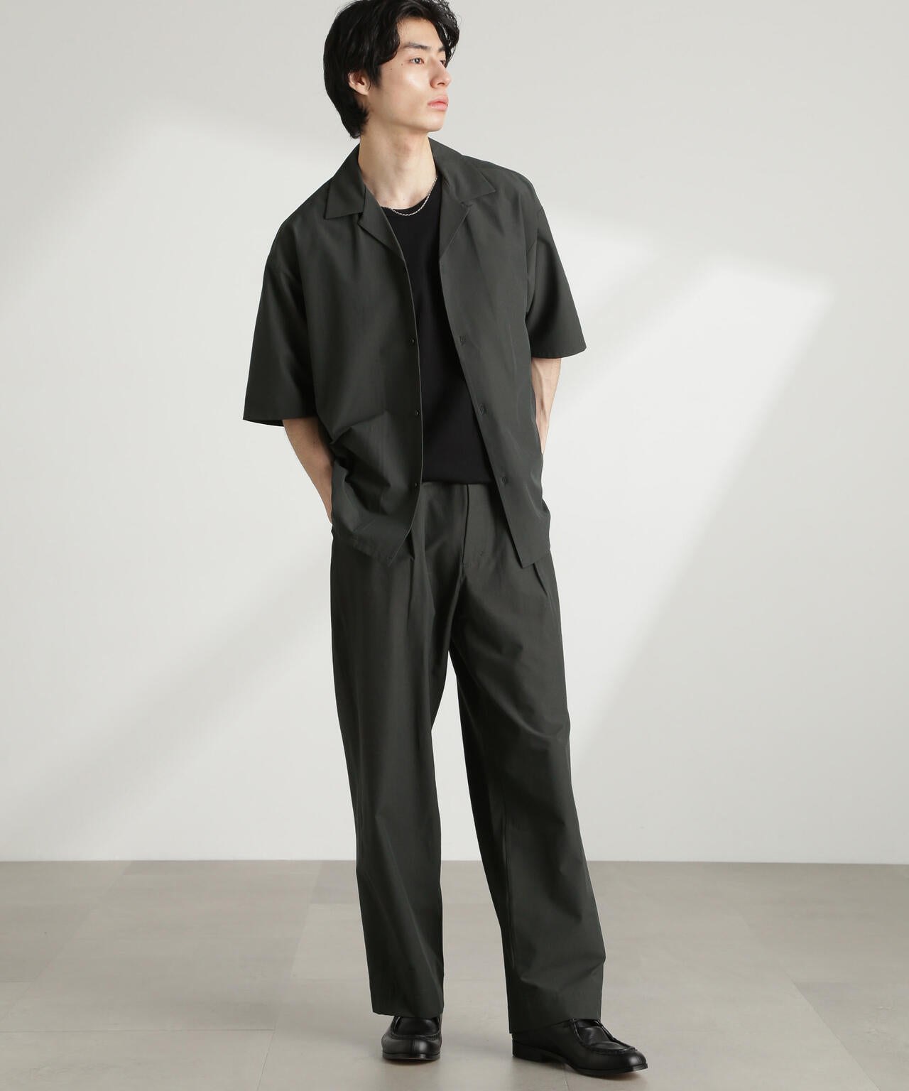 ストレッチワイドオープンカラーシャツ 半袖(セットアップ可) 6725121226