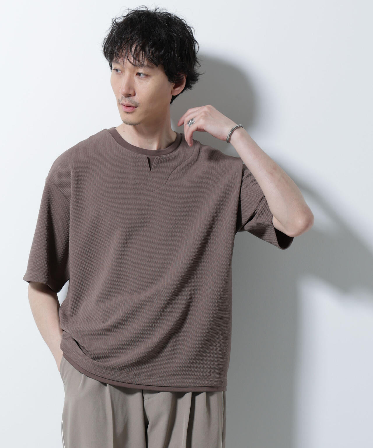 フェイクレイヤードキーネックTシャツ 半袖 6725124246