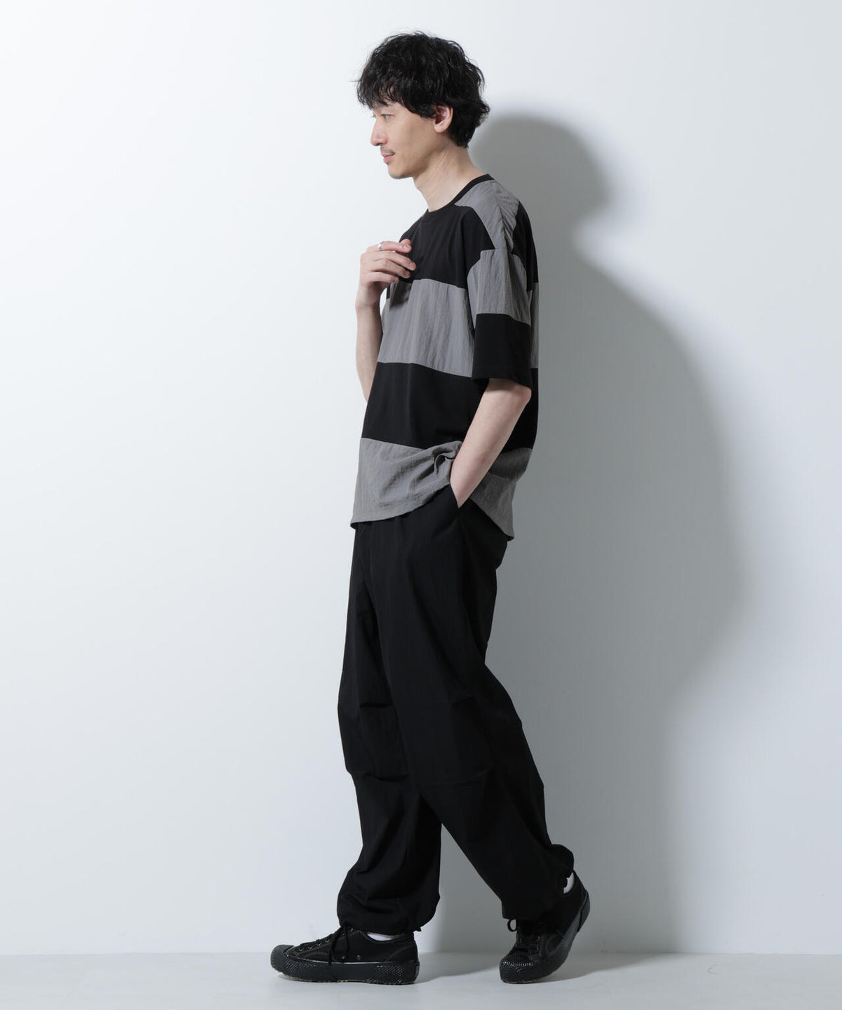 リラックス異素材ボーダーTシャツ 半袖 6725124249