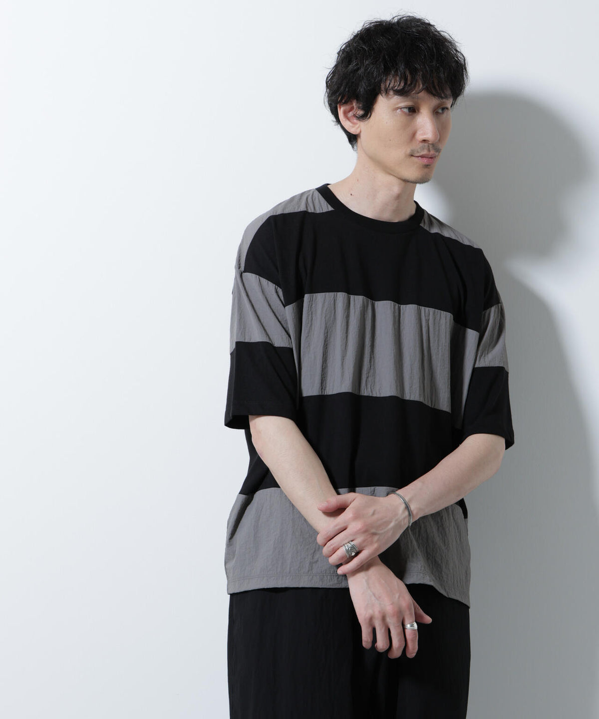 リラックス異素材ボーダーTシャツ 半袖 6725124249