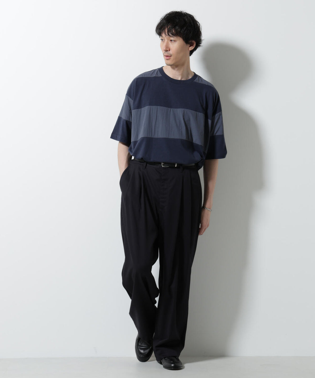リラックス異素材ボーダーTシャツ 半袖 6725124249
