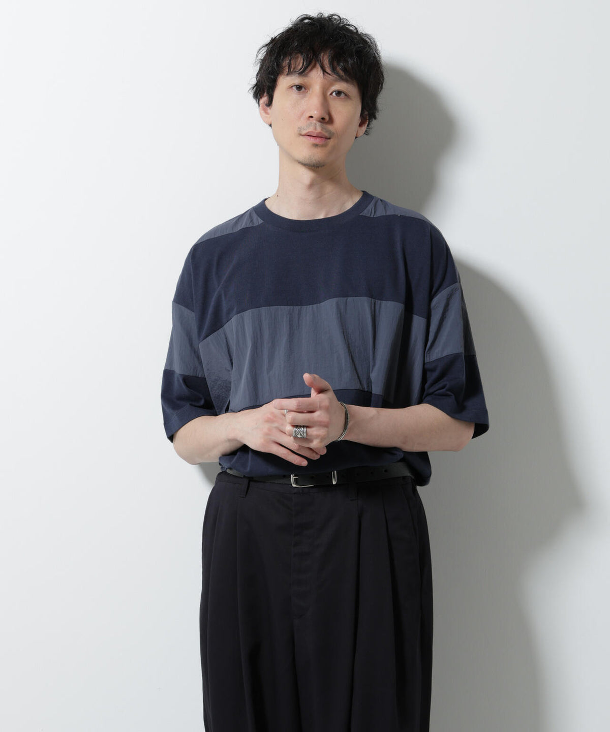 リラックス異素材ボーダーTシャツ 半袖 6725124249