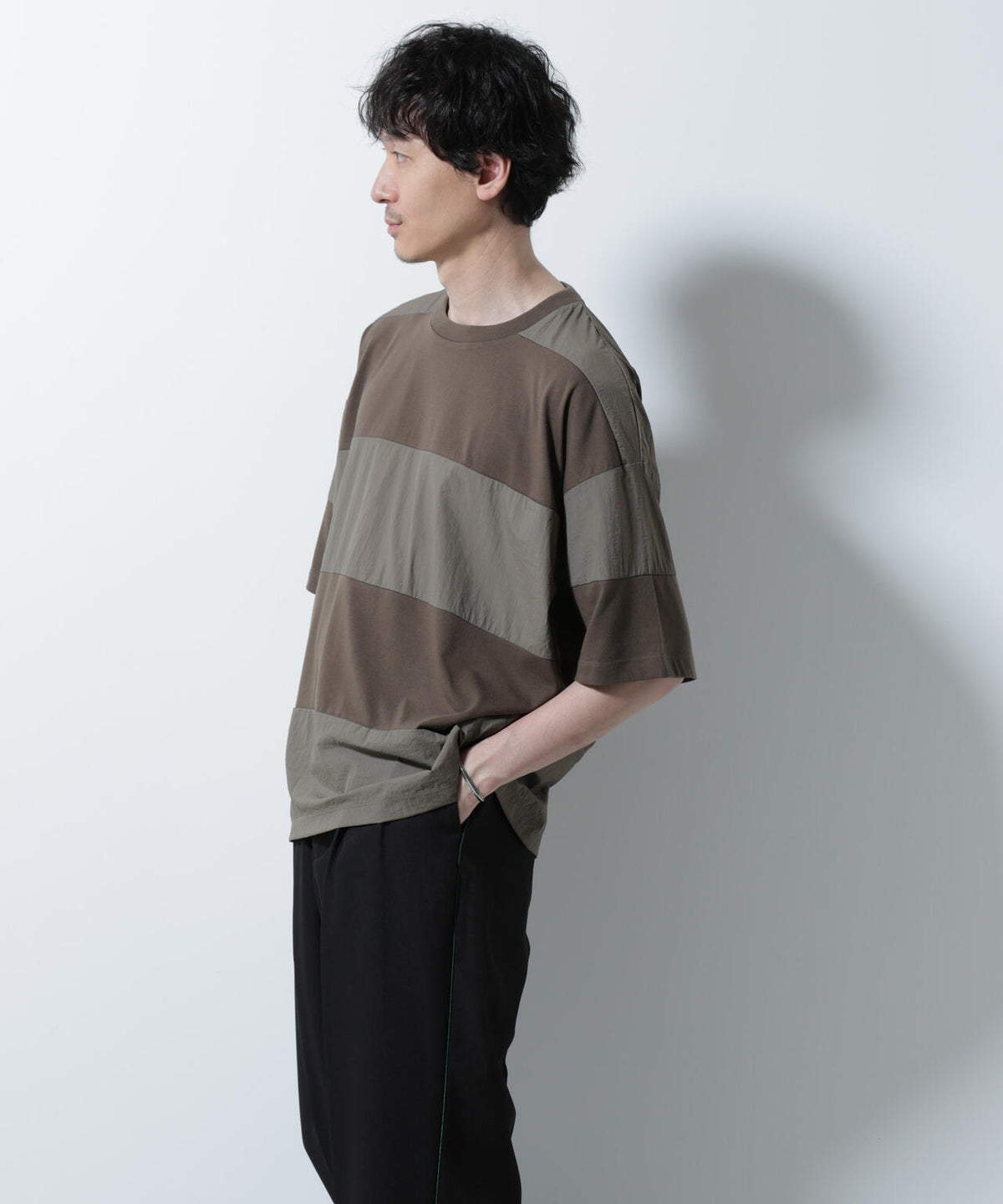 リラックス異素材ボーダーTシャツ 半袖 6725124249
