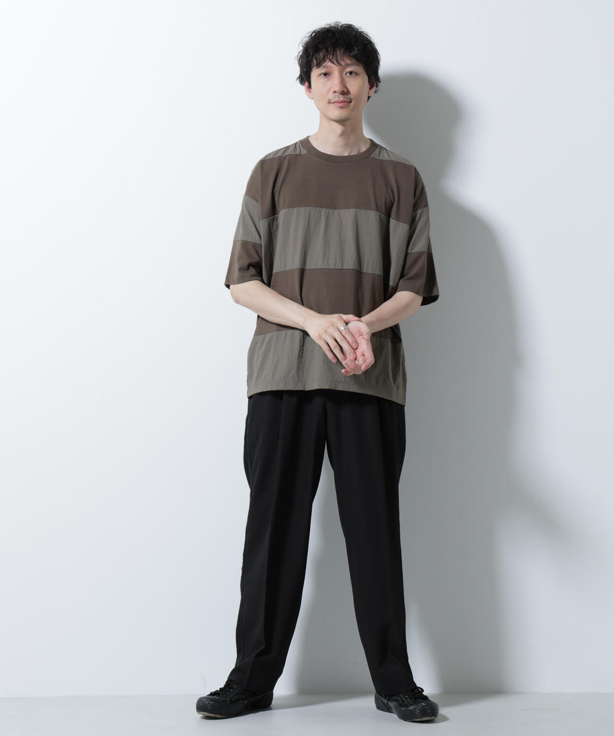 リラックス異素材ボーダーTシャツ 半袖 6725124249